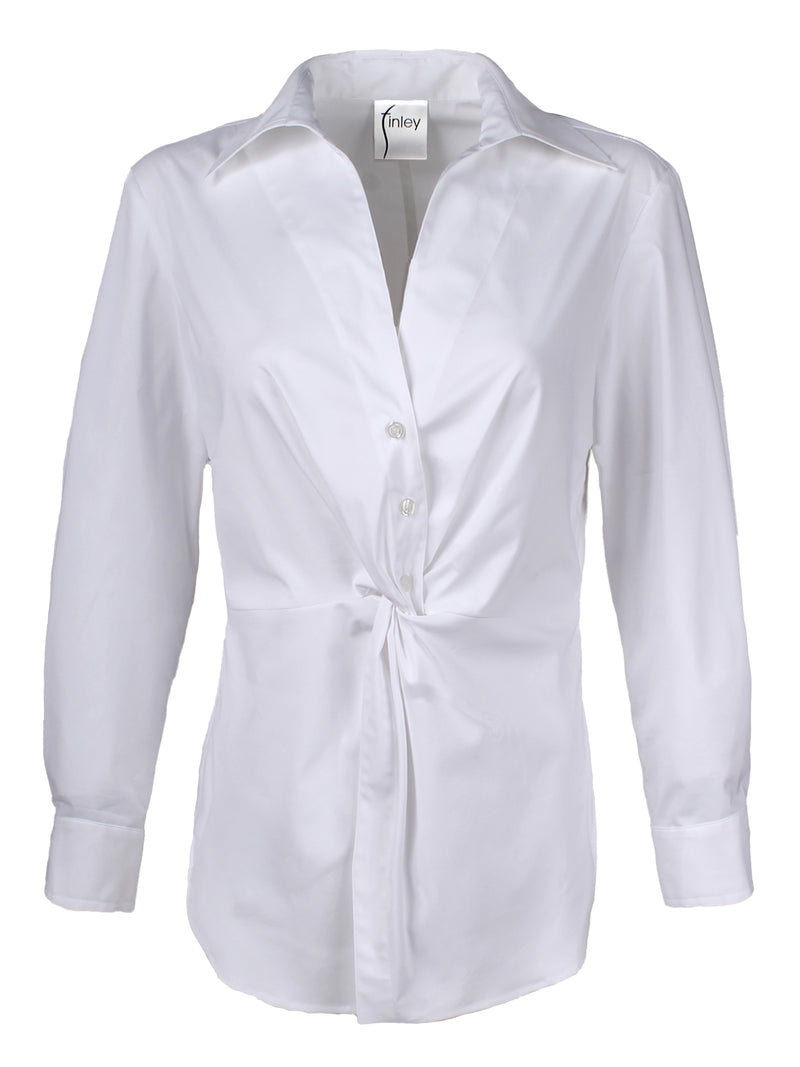 The Finley Sid shirt, a tailored button-down white cotton blouse with a tie front and a relaxed fit - front