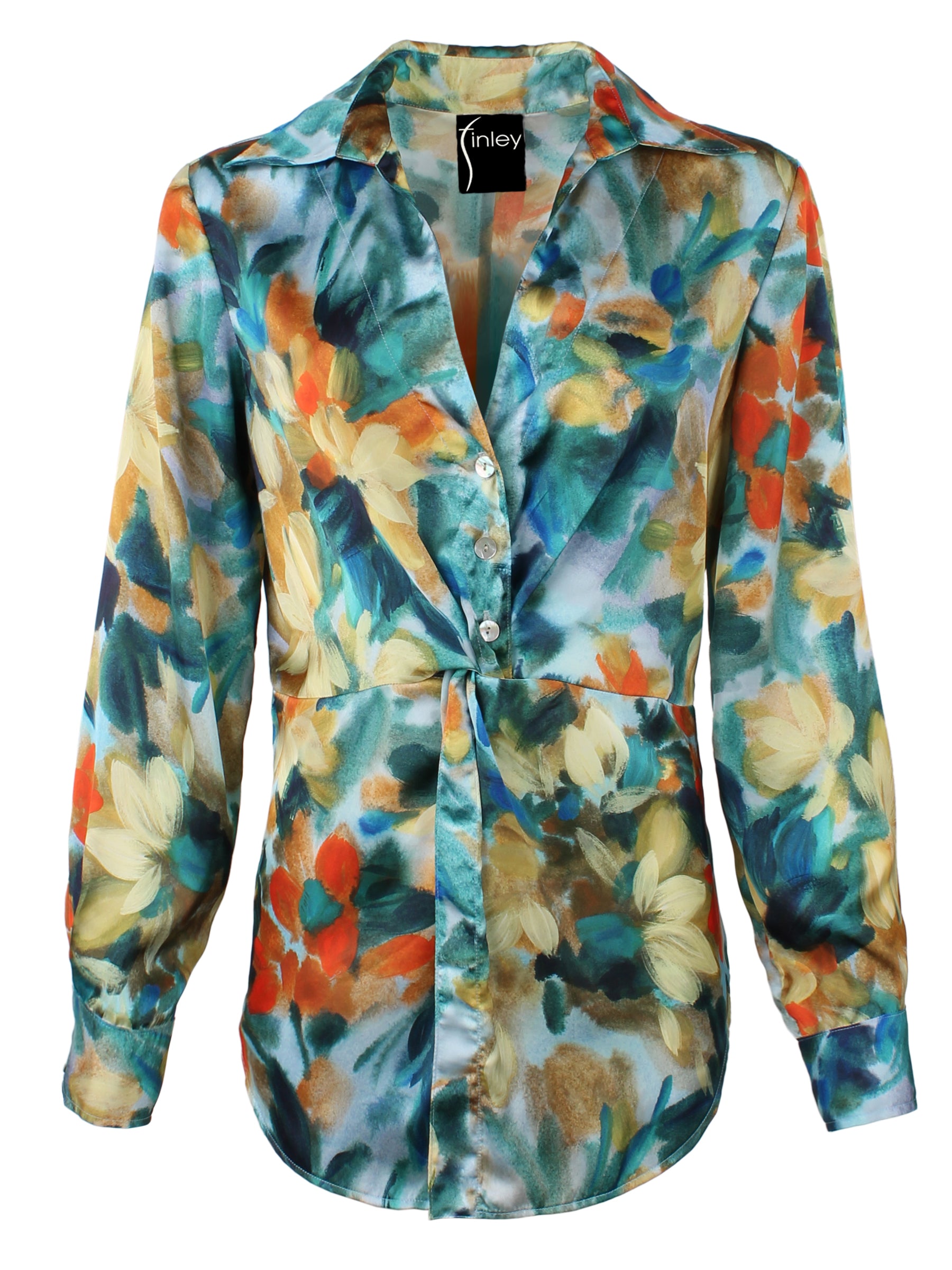 One of a Kind Sid Twist Front Shirt Teal Abstract Print