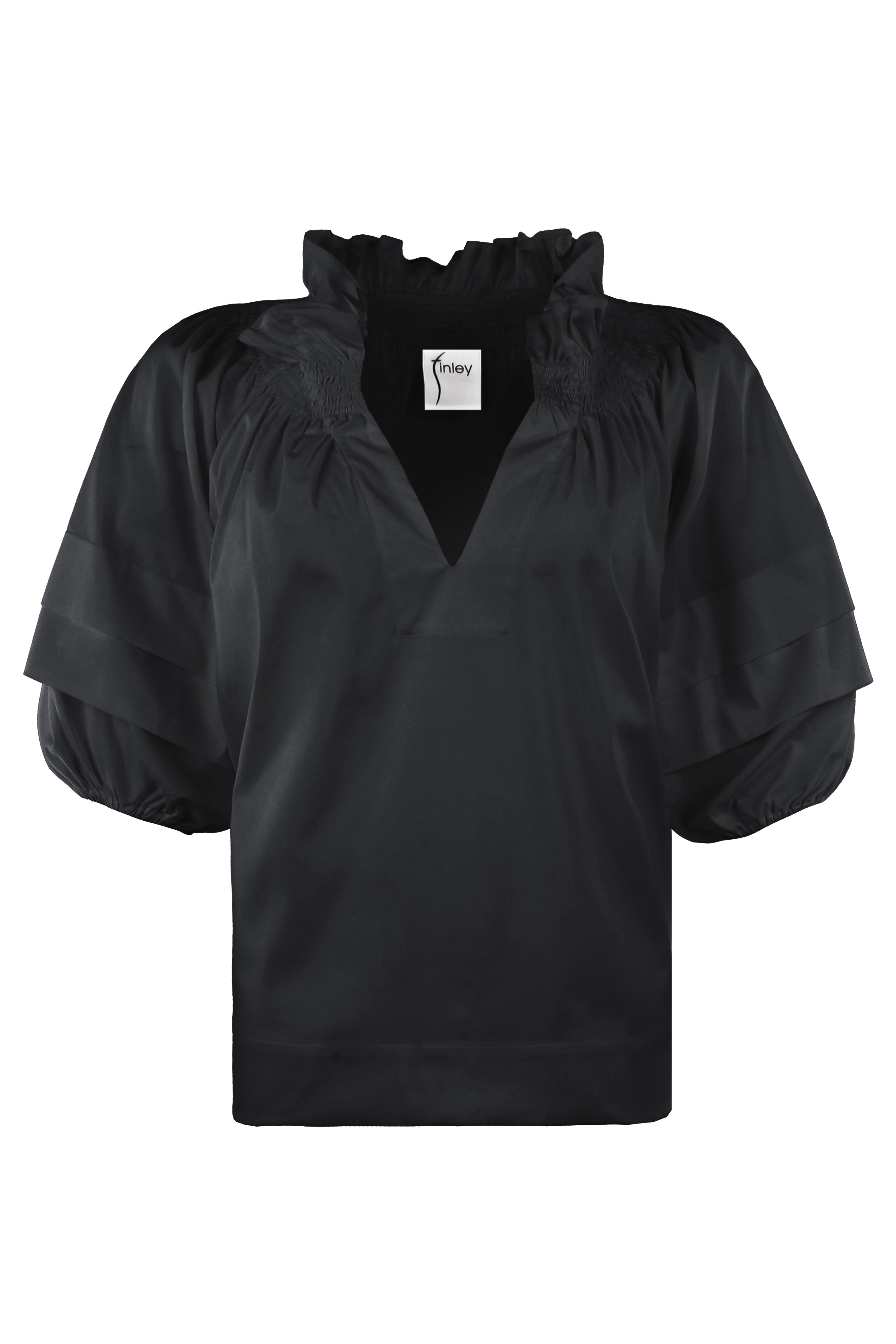 Lexie Short Sleeve Popover Blouse, Black Silky Poplin
