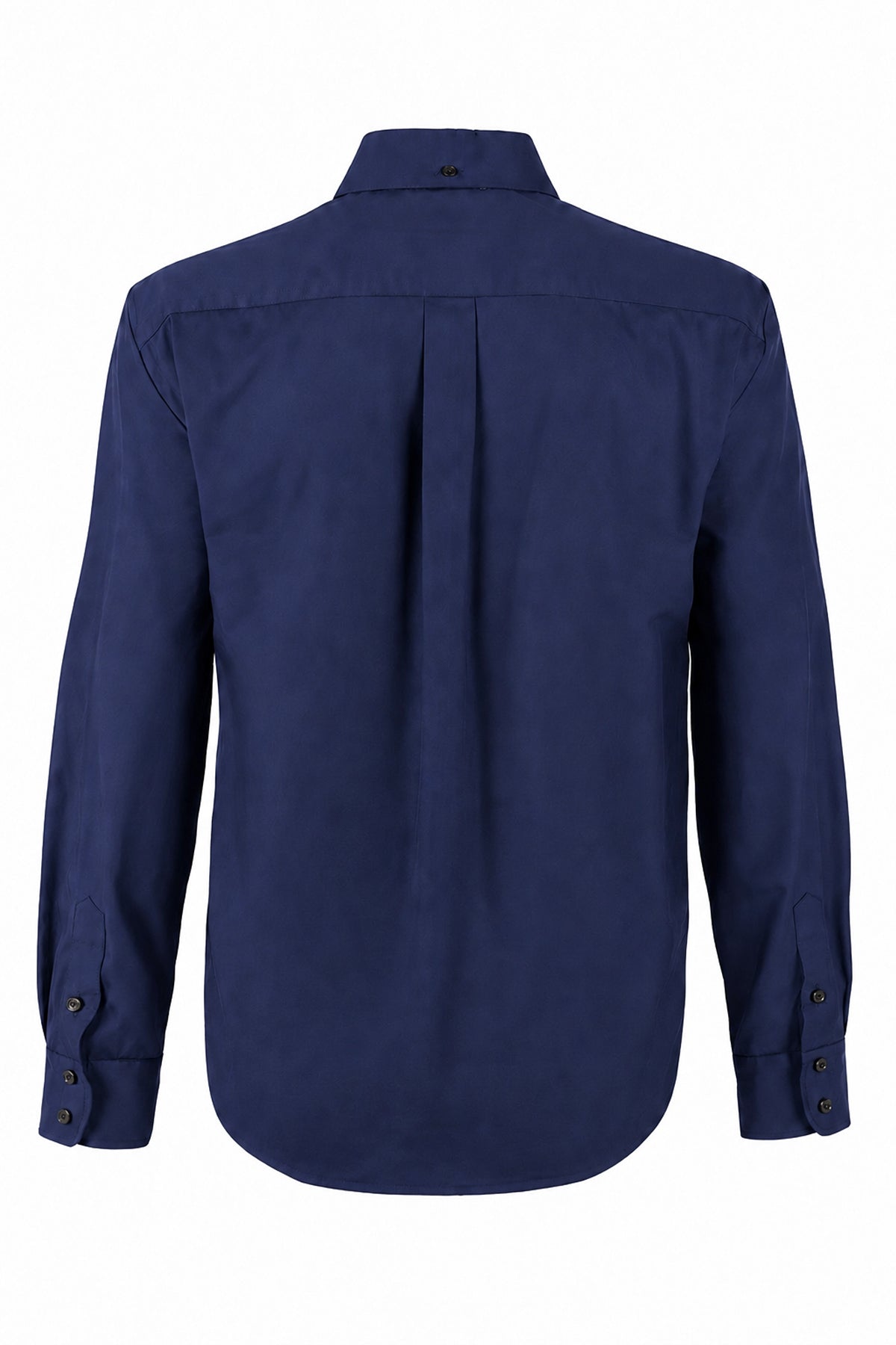 A navy blue long-sleeve button-down shirt shown from the back, featuring a subtle vertical pleat down the center back and button cuffs, set against a plain white background.