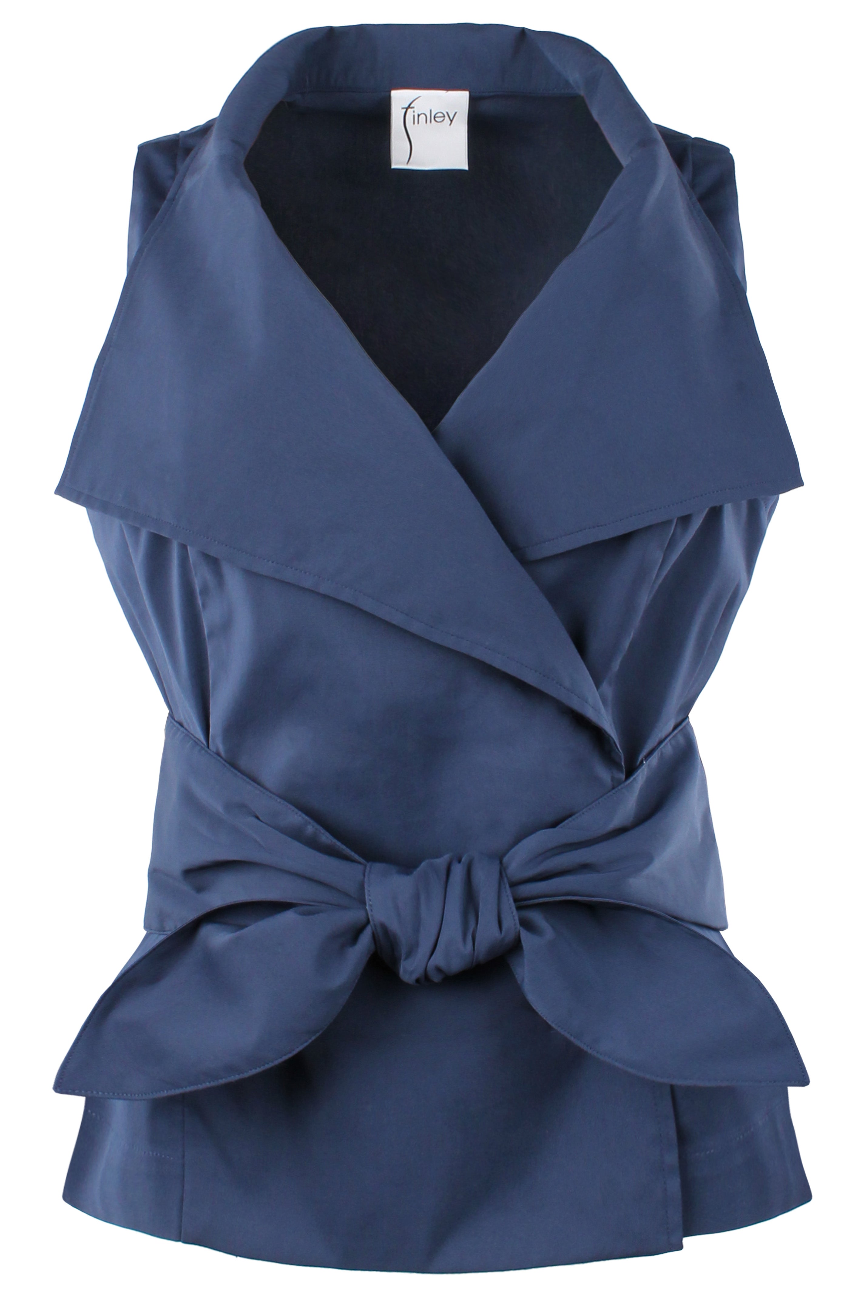 Harold Sleeveless Wrap Tie Front Shirt Navy Silky Poplin