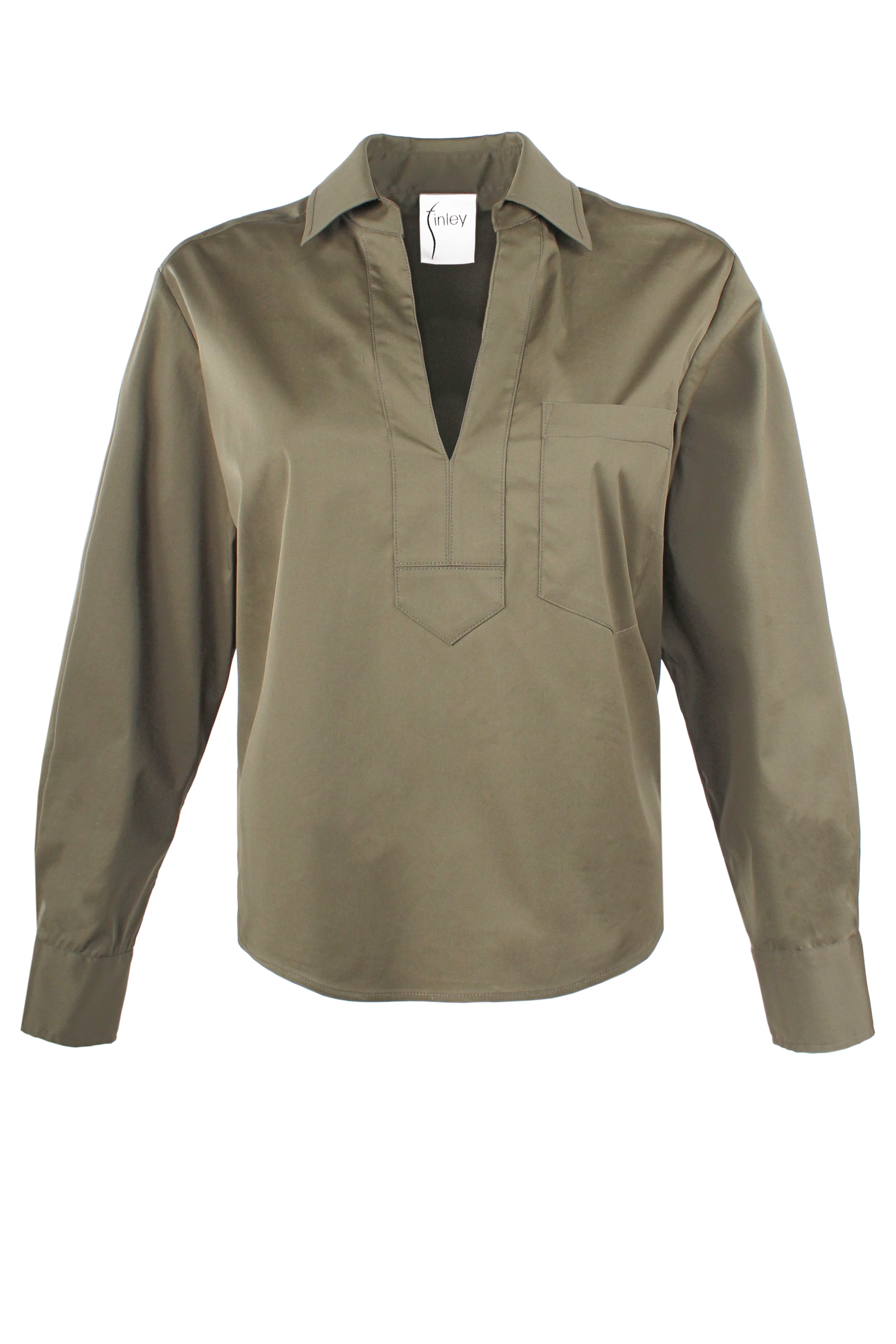 Finley Joni, a relaxed fit long sleeve olive green v-neck popover women's blouse