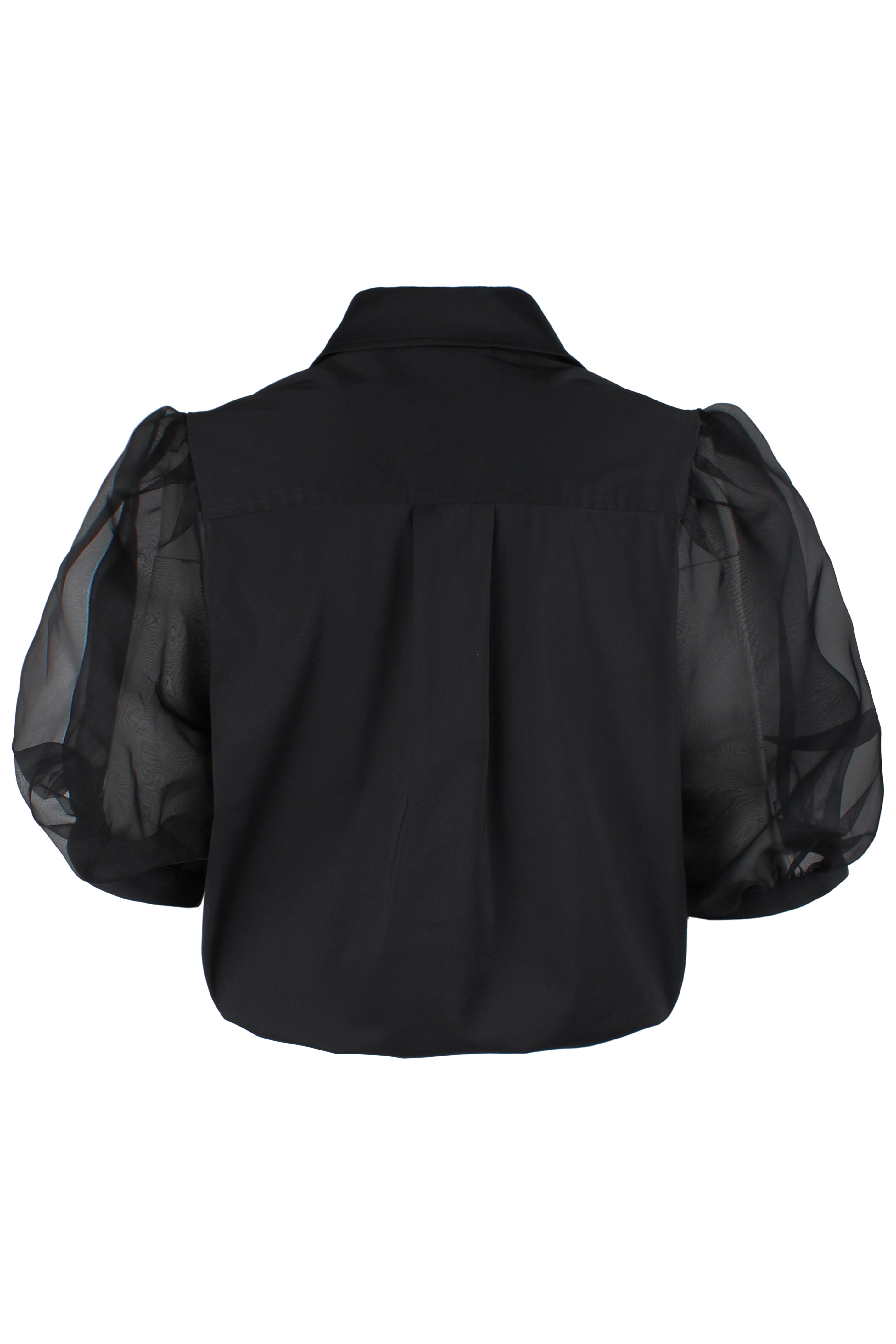 Bomba | Twist-Hem Puff Sleeve Black Poplin Shirt with Sheer