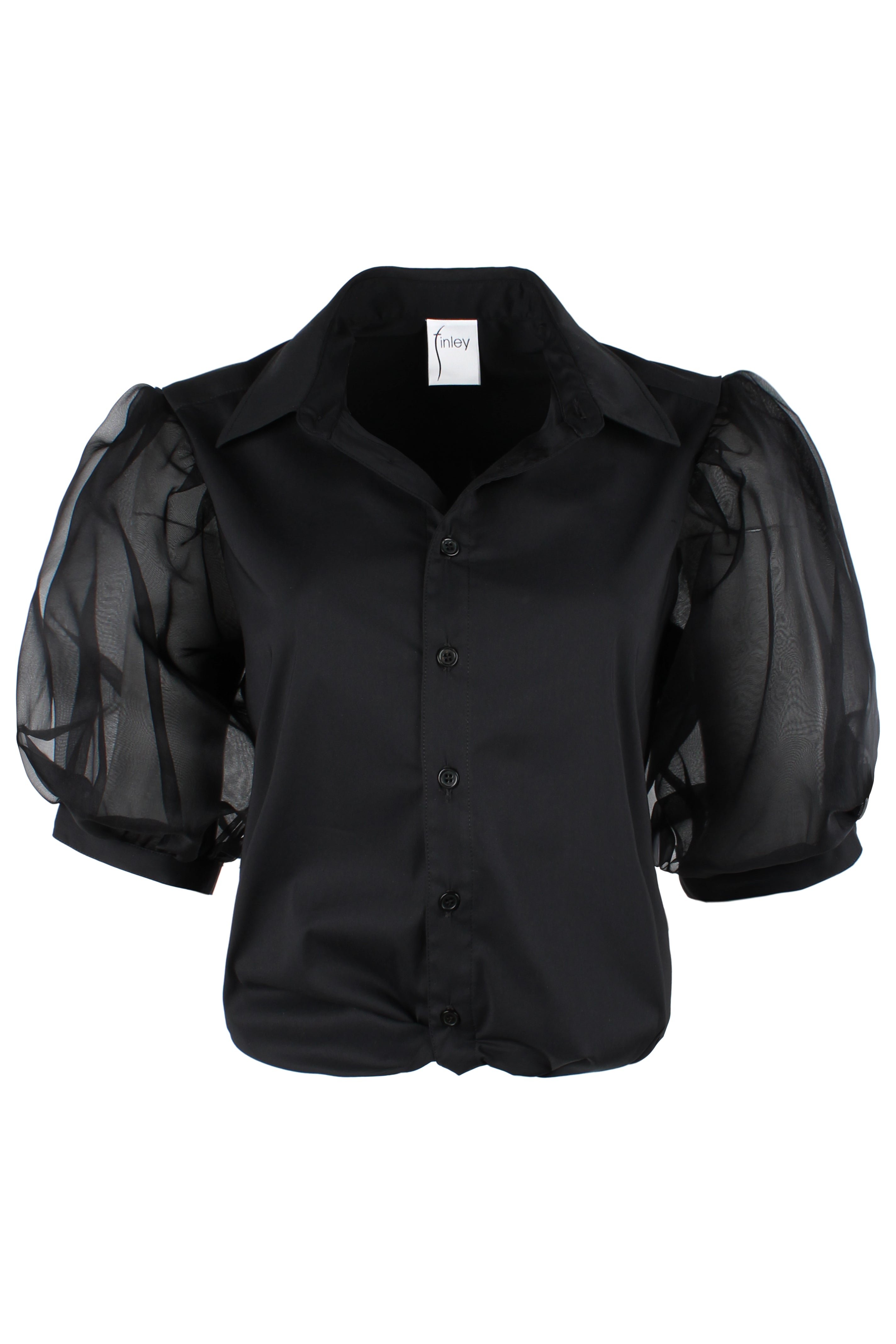 Bomba | Twist-Hem Puff Sleeve Black Poplin Shirt with Sheer