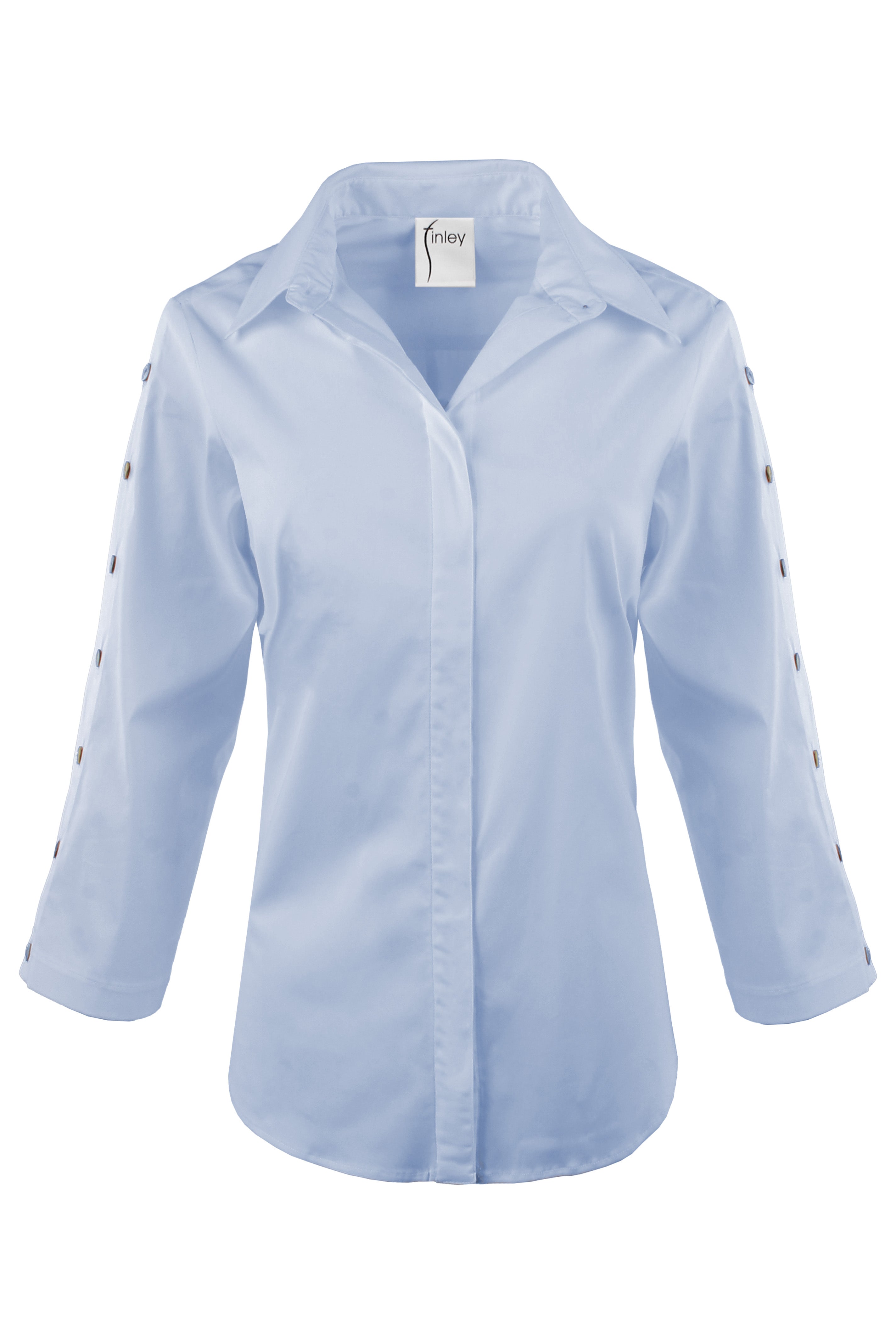 Bianchi Shirt 3/4 Sleeve with Button Details in Silky Poplin Pale Blue
