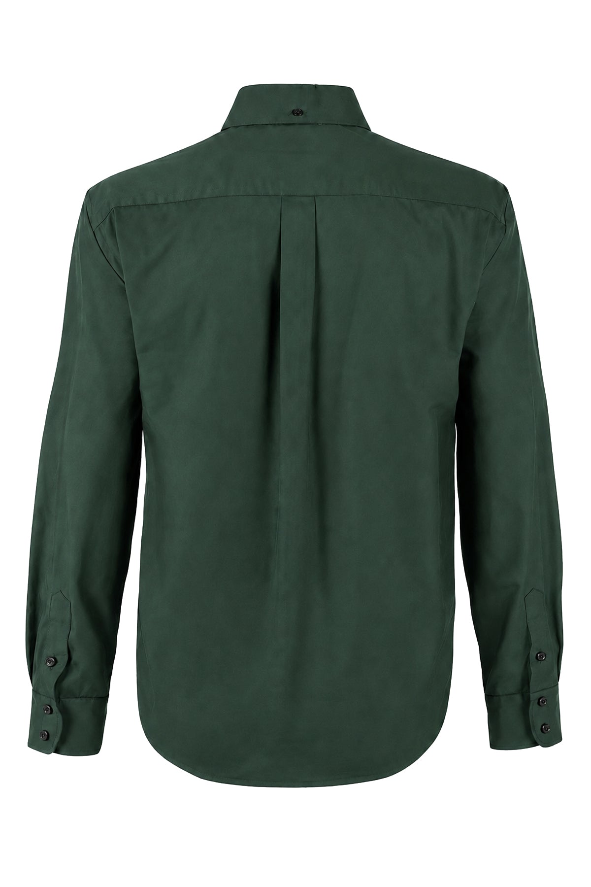 A dark forest green long-sleeve button-down shirt shown from the back, featuring a subtle pleat detail at the center back and button cuffs, set against a plain white background.