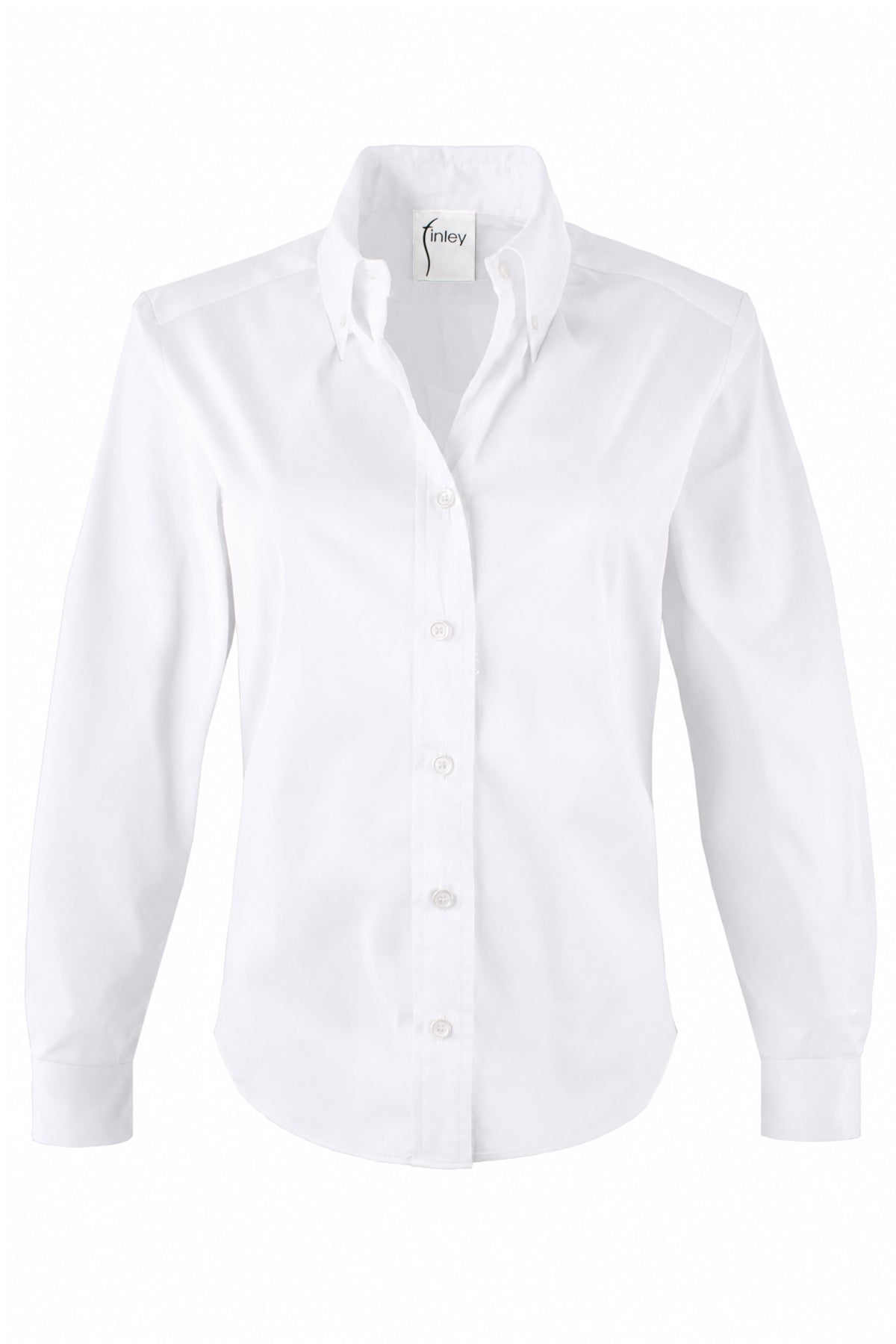 A white long-sleeve button-down shirt with a pointed collar, displayed on a clean white background.