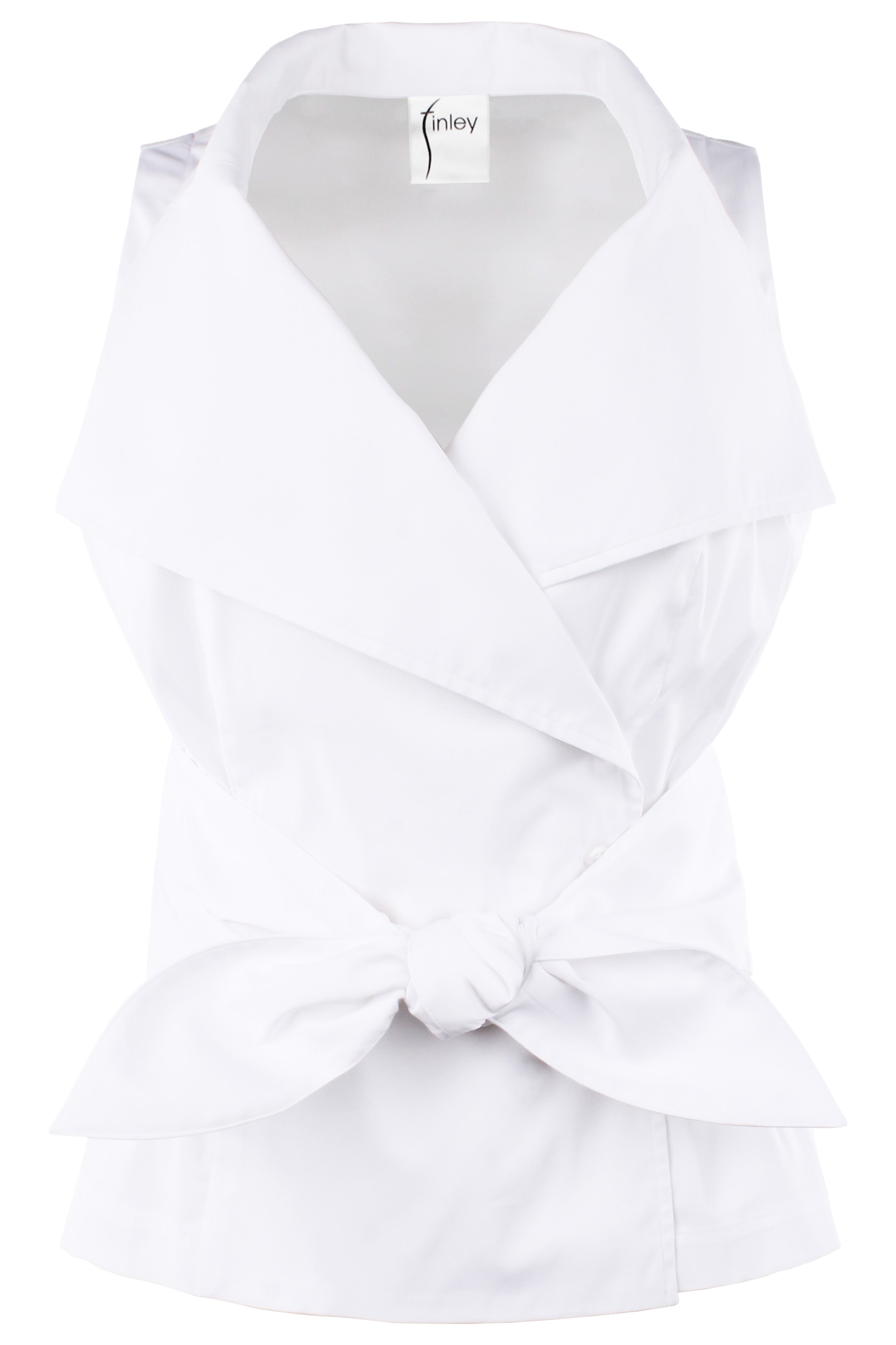 Harold Sleeveless Wrap Tie Front Shirt White Silky Poplin