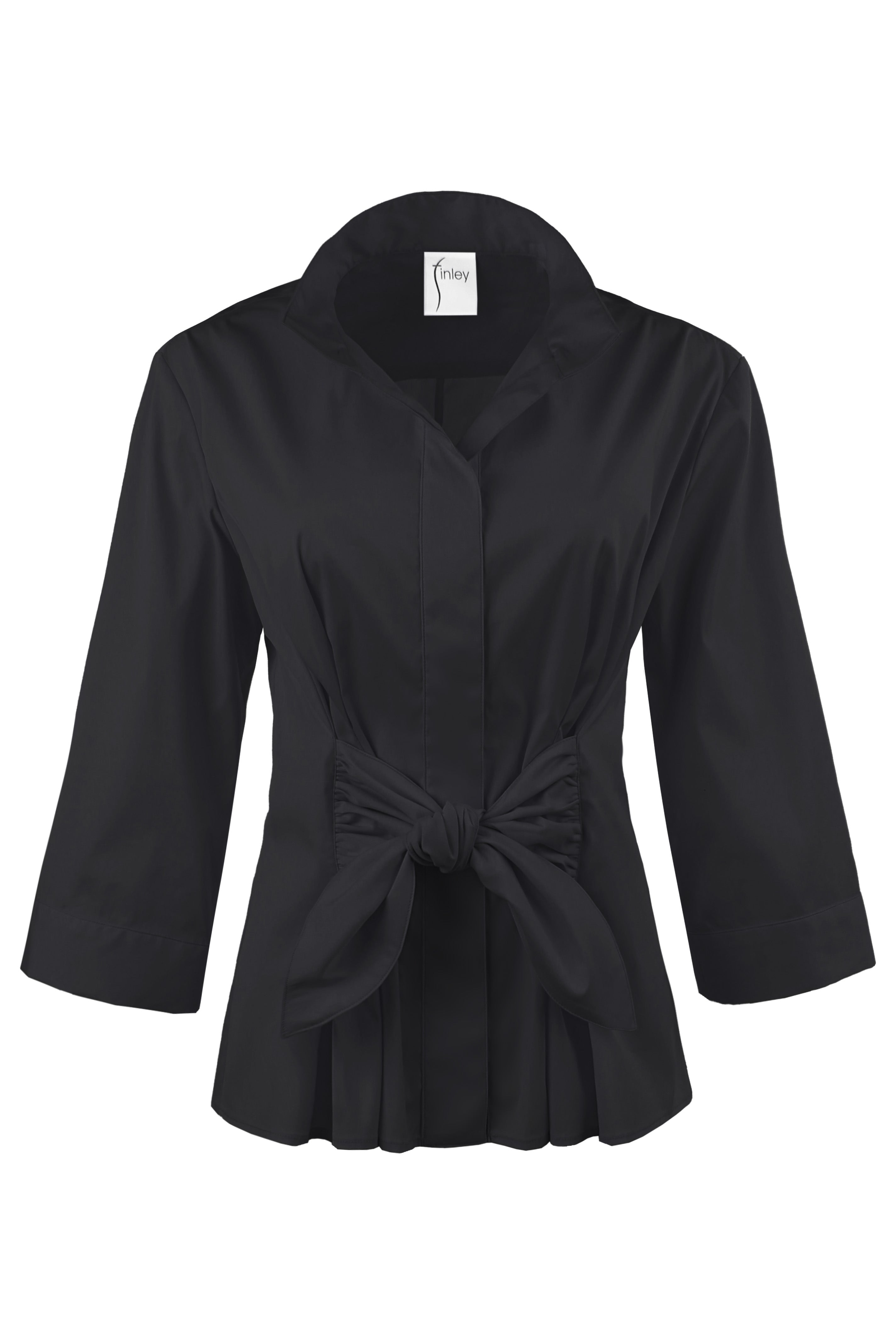3/4 Sleeve Black Tie Front Shirt Rocky - Hidden Front Button Placket