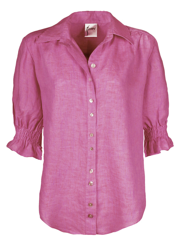 The Finley Sirena blouse, a casual purple button down washed linen blouse with puff short sleeves and a spread collar.
