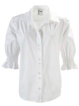 A front view of the Finley Sirena blouse, a white button-down poplin shirt with puffed sleeves and a relaxed fit.