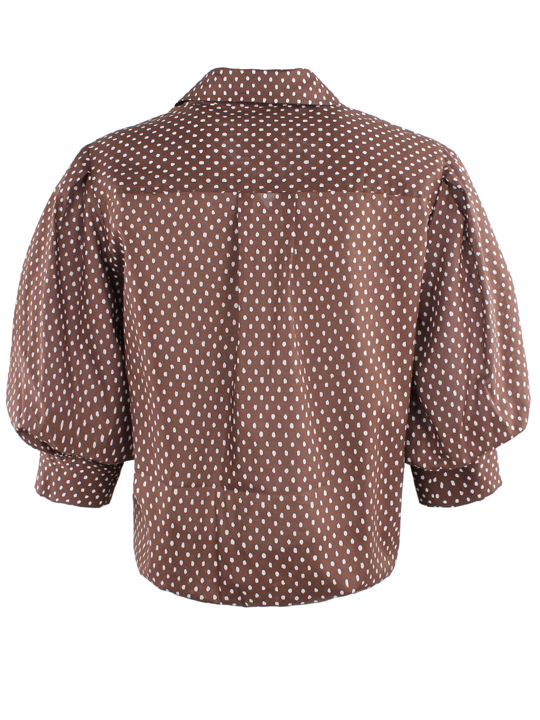 Bomba Short Sleeve Poplin Twist-Hem Blouse, Brown Splash Dot