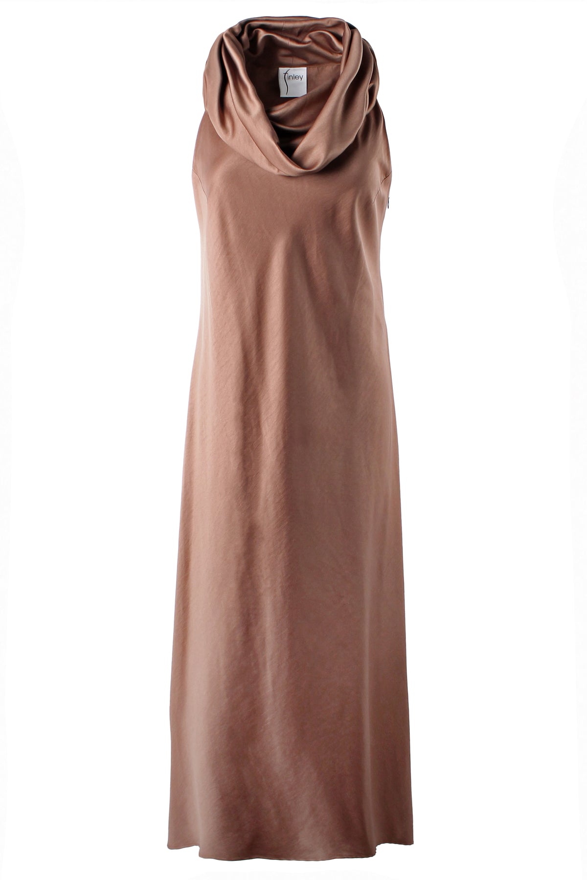 A sleeveless cowl-neck maxi dress in a dusty rose or mauve color, displayed on a clean white background.