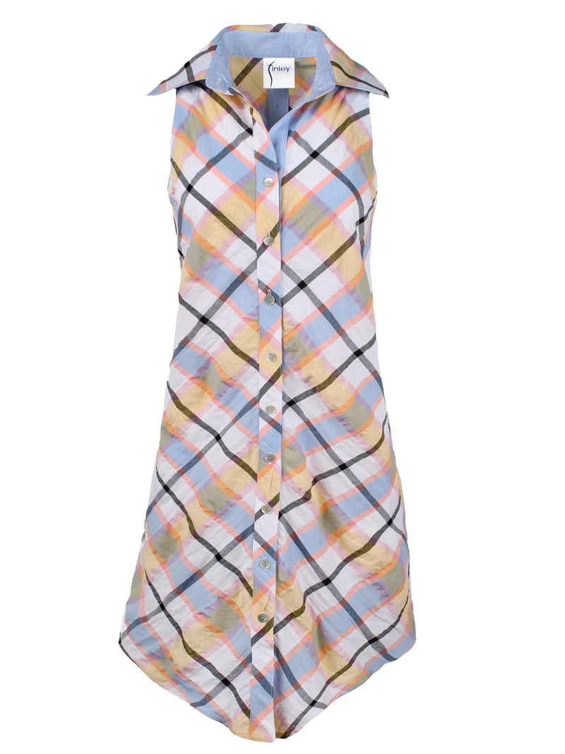 The Finley swing dress, a blue & yellow plaid sleeveless button-down midi dress.