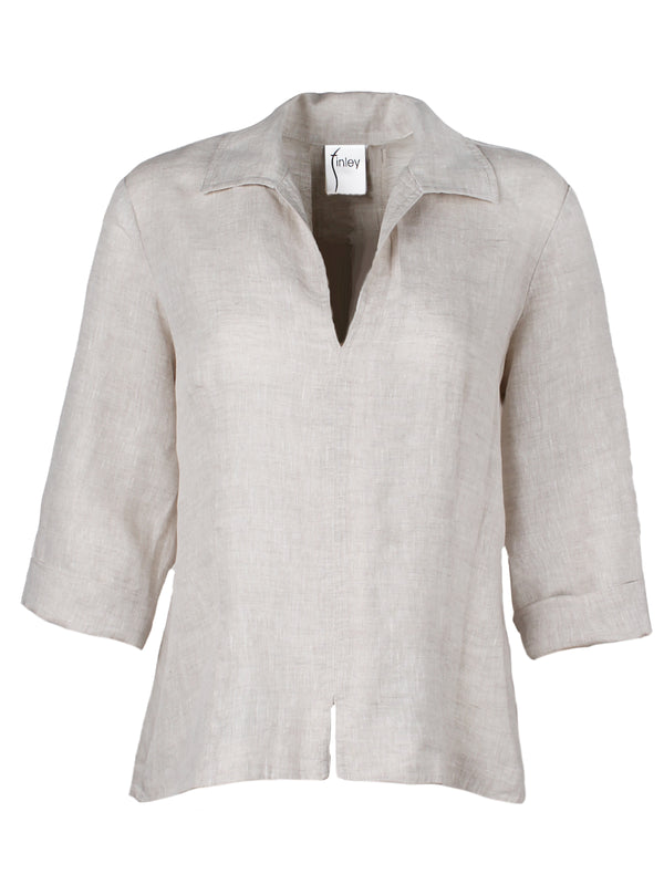 The Finley swing shirt, a natural gray washed linen v-neck popover women's blouse with an inverted pleat.
