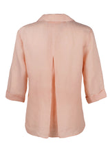 The Finley swing shirt, a peachy pink blush washed linen v-neck popover women's blouse with an inverted pleat.