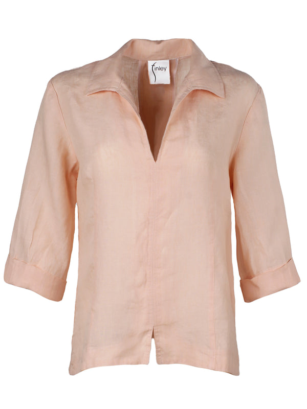 The Finley swing shirt, a peachy pink blush washed linen v-neck popover women's blouse with an inverted pleat.