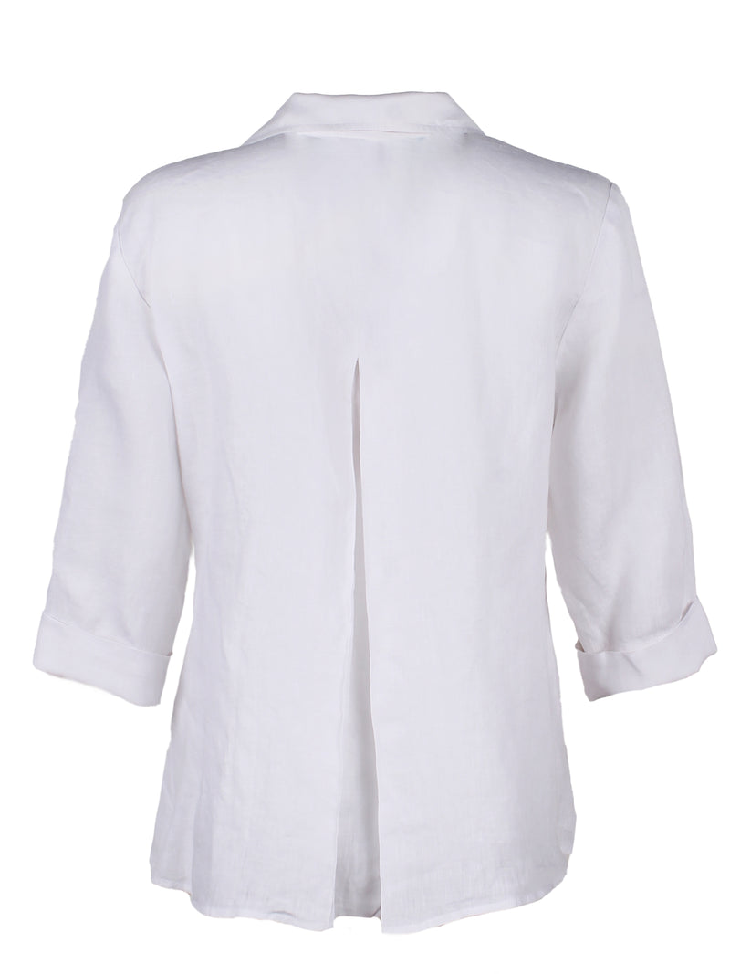 The Finley swing shirt, a white washed linen v-neck popover women's blouse with an inverted pleat.