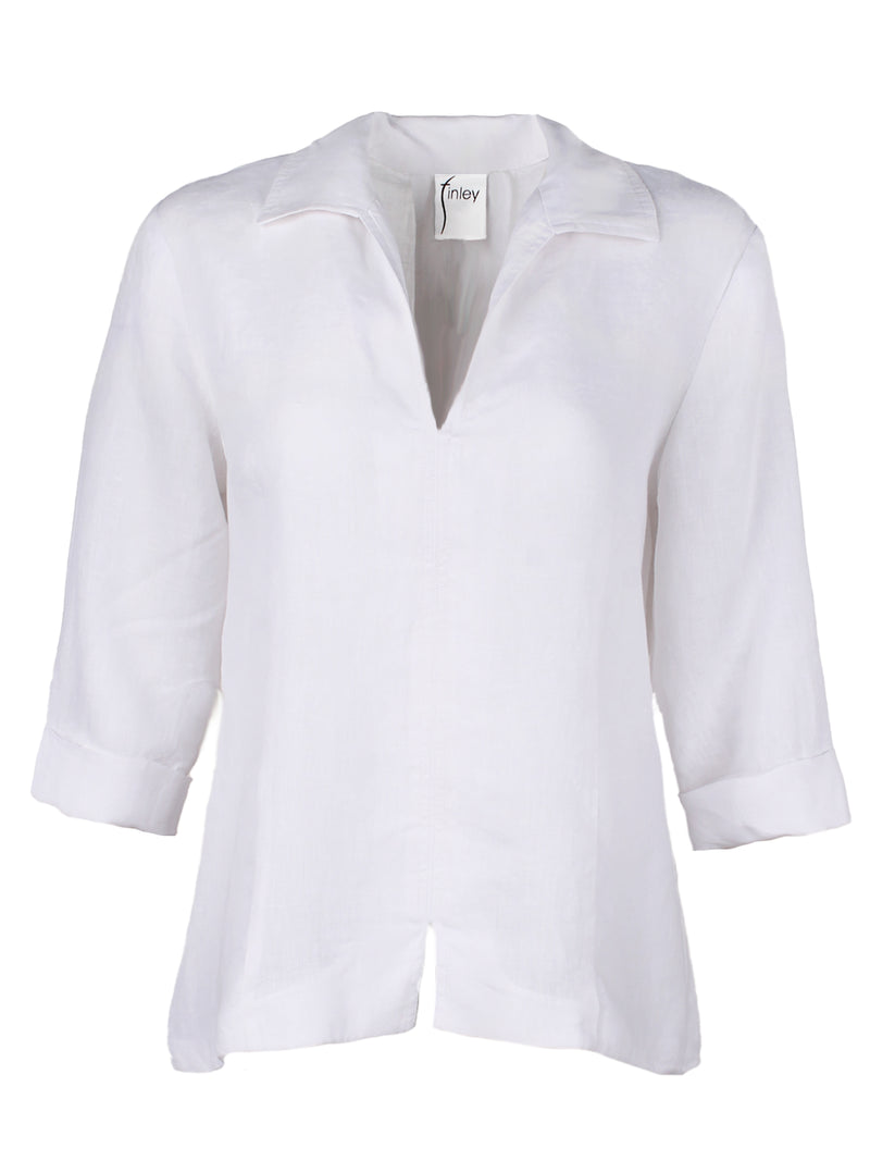 The Finley swing shirt, a white washed linen v-neck popover women's blouse with an inverted pleat.
