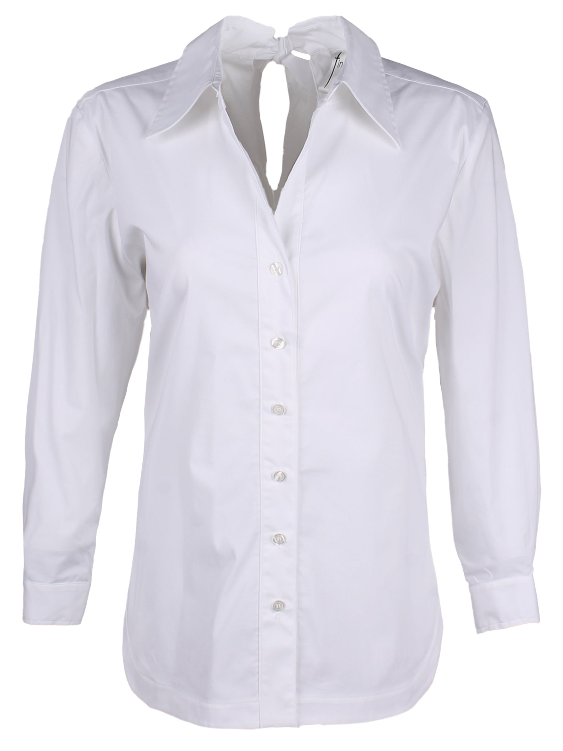 A front view of the Sylvie shirt with a cutout back self-tie, black organza bow, relaxed contour, and long sleeves.
