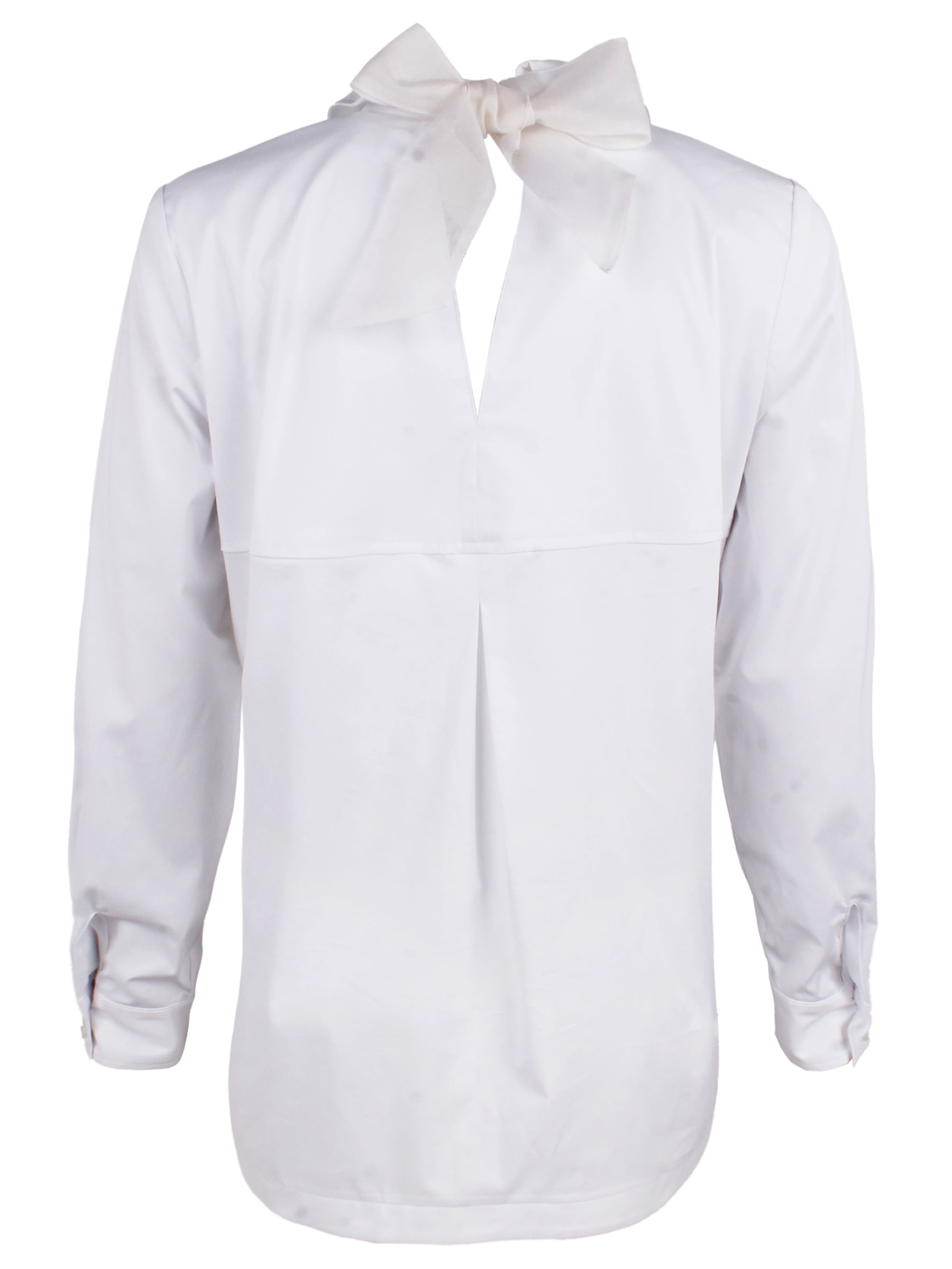A back view of the Sylvie shirt featuring a cutout back self-tie, black organza bow, relaxed contour, and long sleeves.
