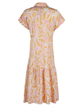 The Finley Tara shirt dress, a short sleeved 100% cotton maxi shirt dress with an orange floral tropical pattern.
