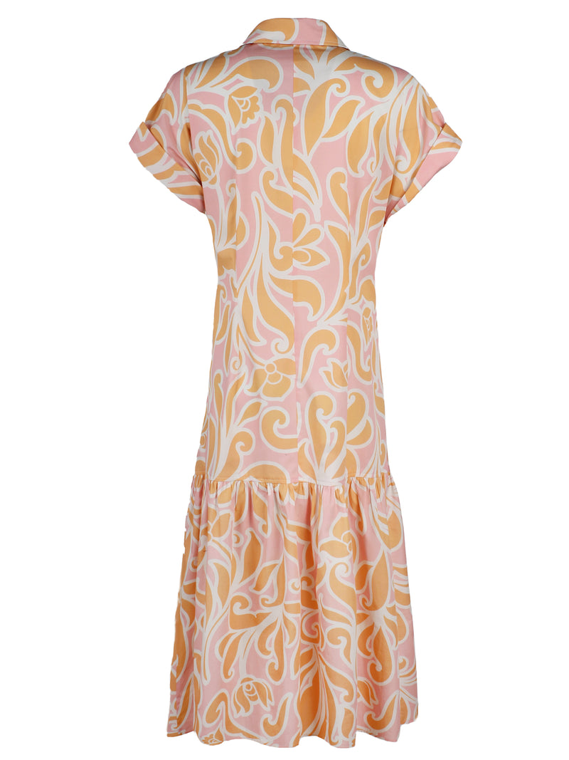 The Finley Tara shirt dress, a short sleeved 100% cotton maxi shirt dress with an orange floral tropical pattern.