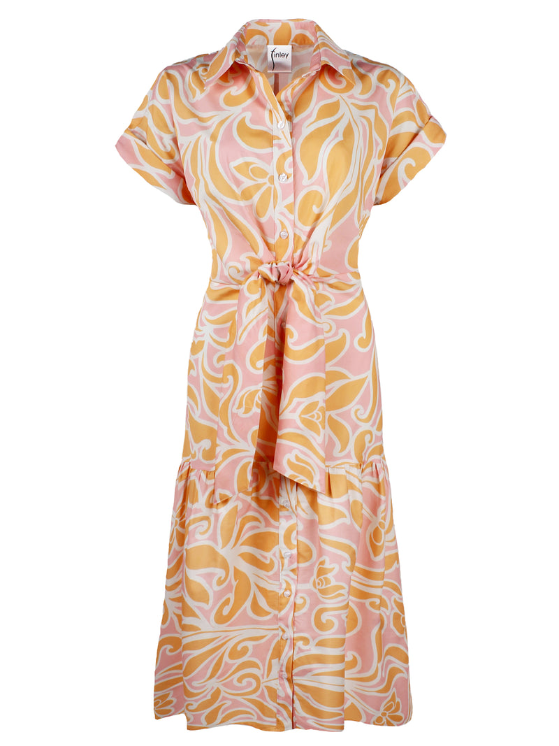 The Finley Tara shirt dress, a short sleeved 100% cotton maxi shirt dress with an orange floral tropical pattern.