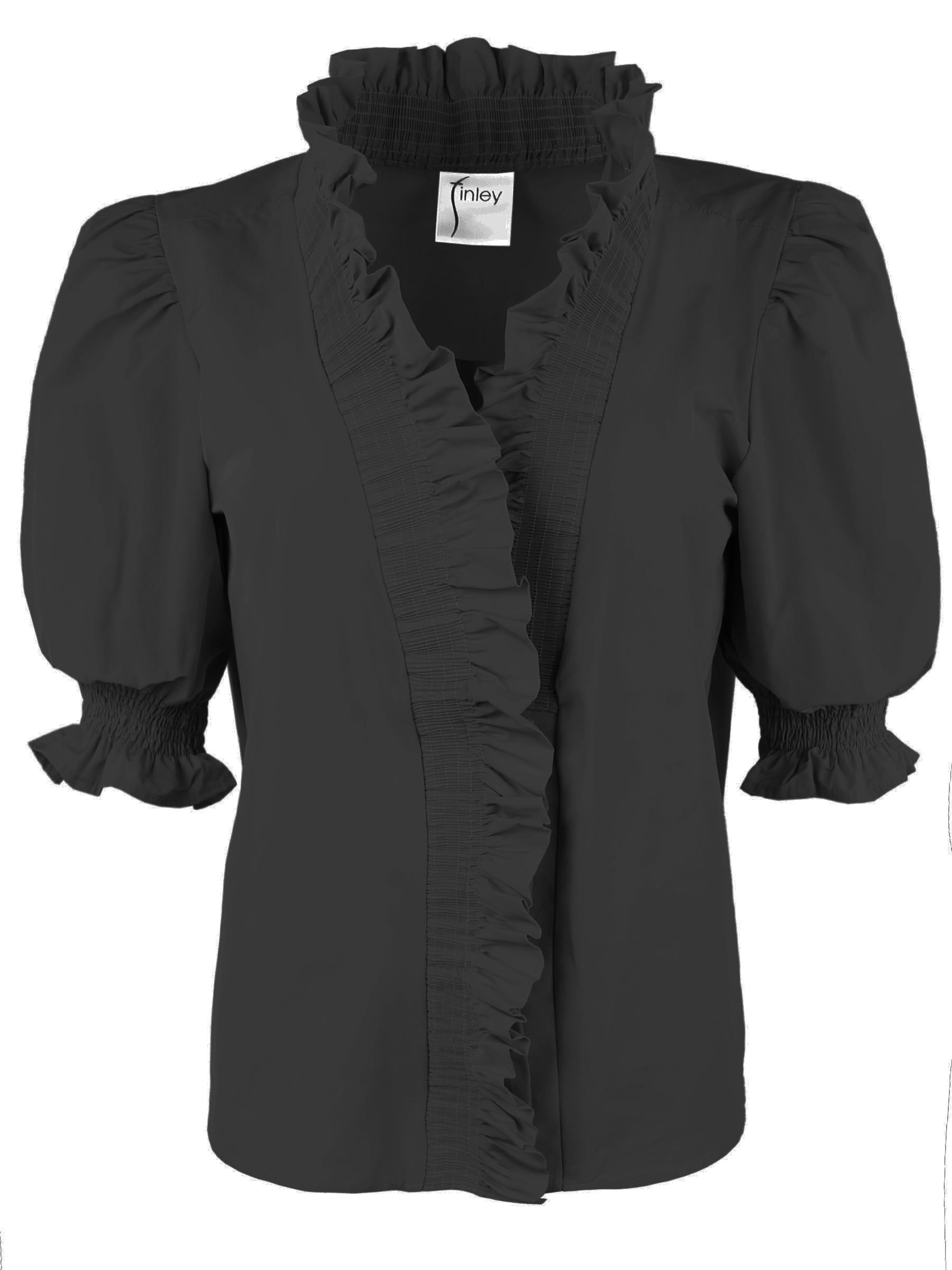 a front view of the Finley Cici blouse in black taffeta with a v-neckline, relaxed contour, and elbow puff sleeves.
