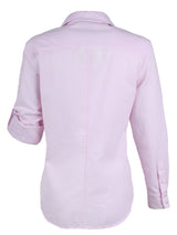 The Finley Teigen, a pink and white striped seersucker women's button down blouse with a spread collar.
