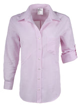 The Finley Teigen, a pink and white striped seersucker women's button down blouse with a spread collar.