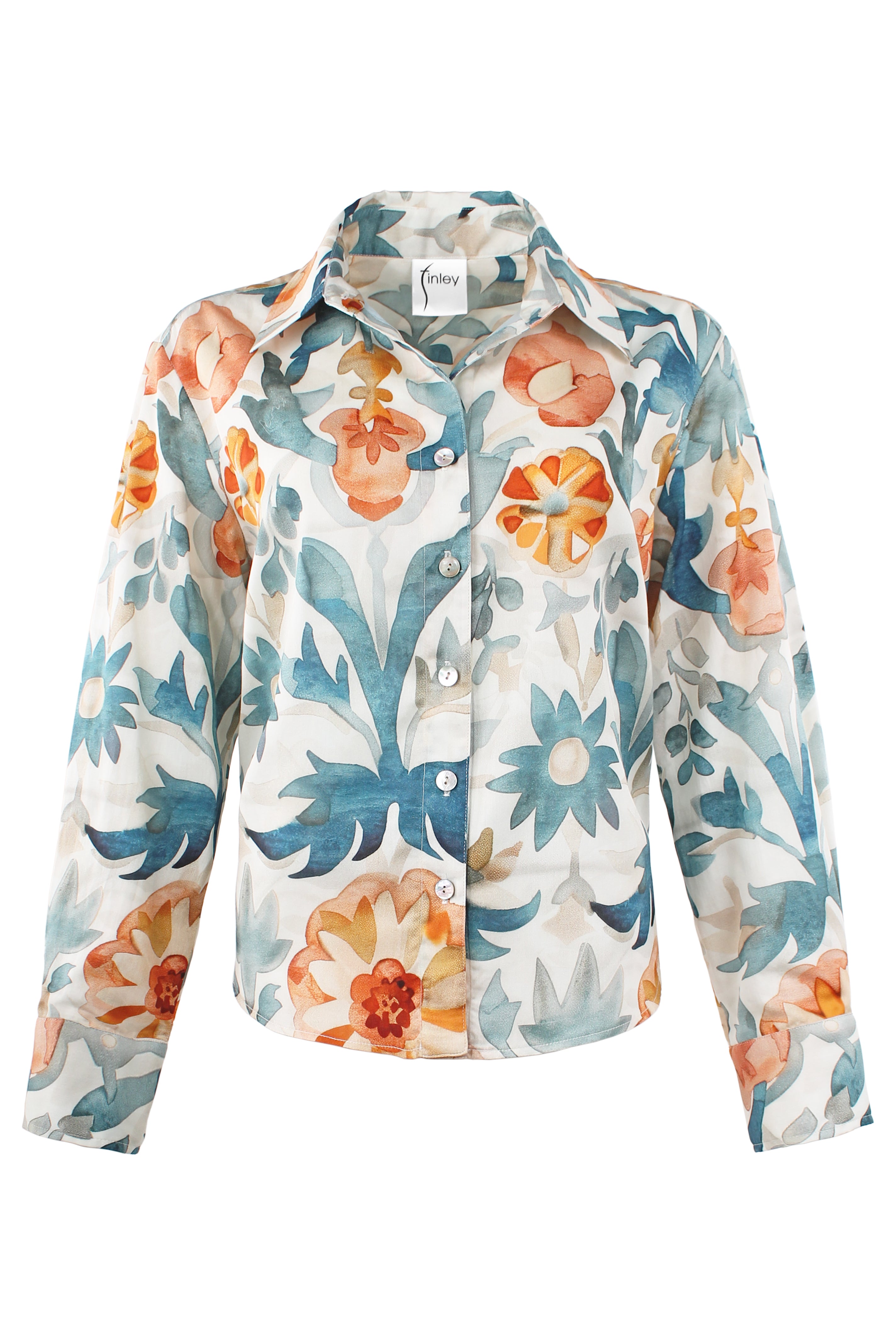Andie Cropped Button-Down Shirt, Terra Floral Print