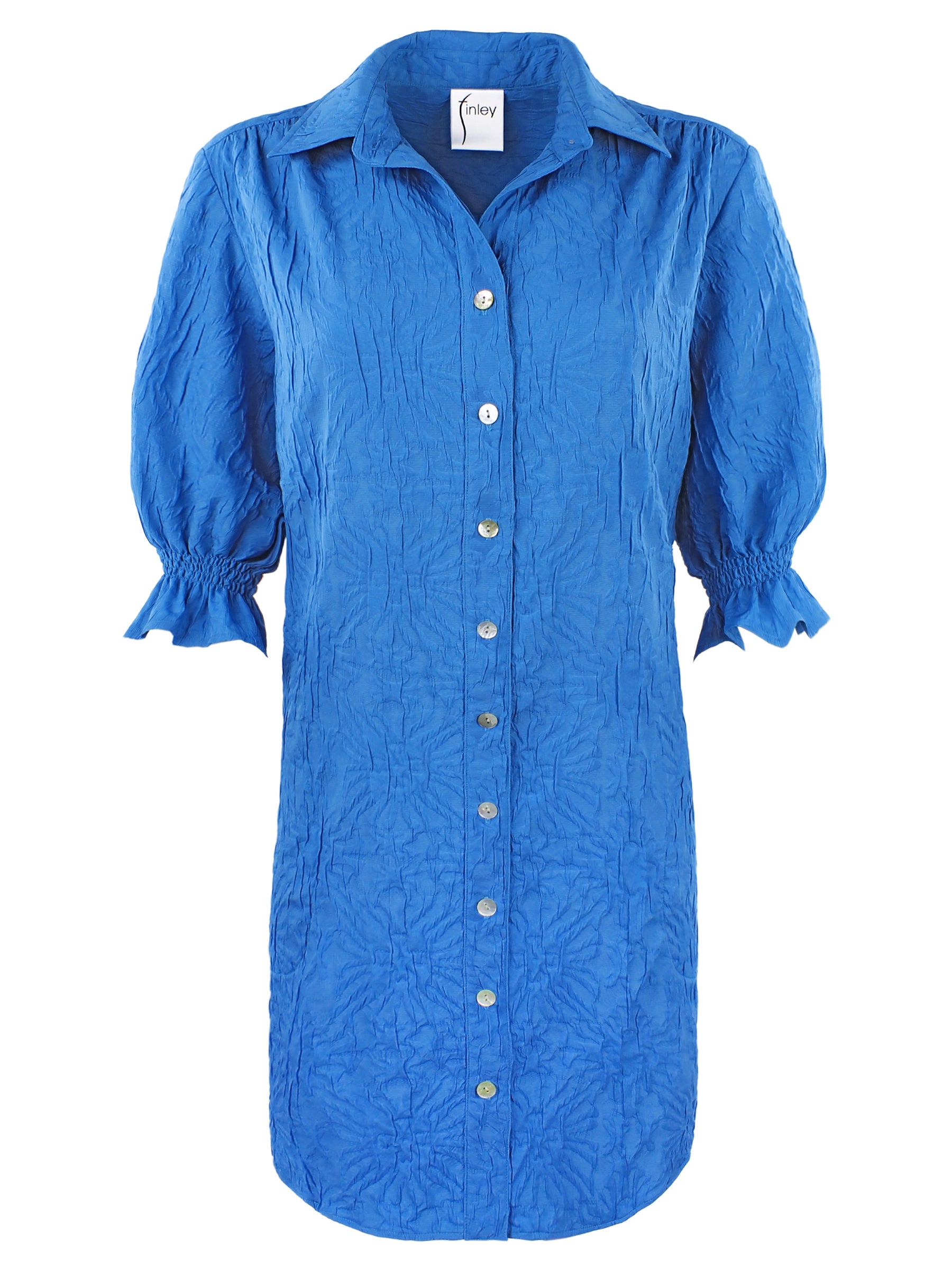 Miller Puff Sleeve Blue Shirt Dress Textured Jacquard