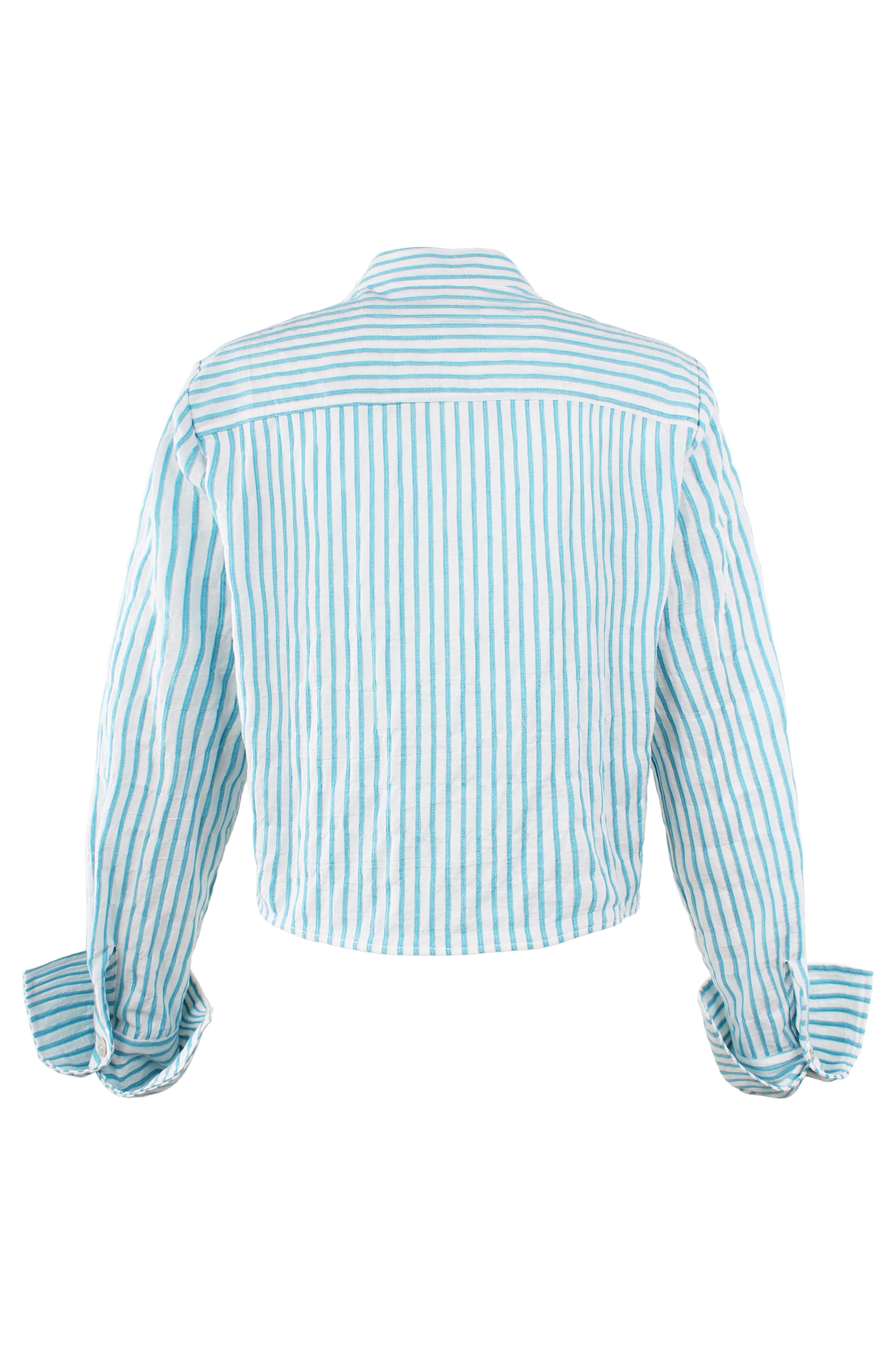 Long Sleeve Raffaele Ruffle Crop Shirt Turquoise Textured Stripe