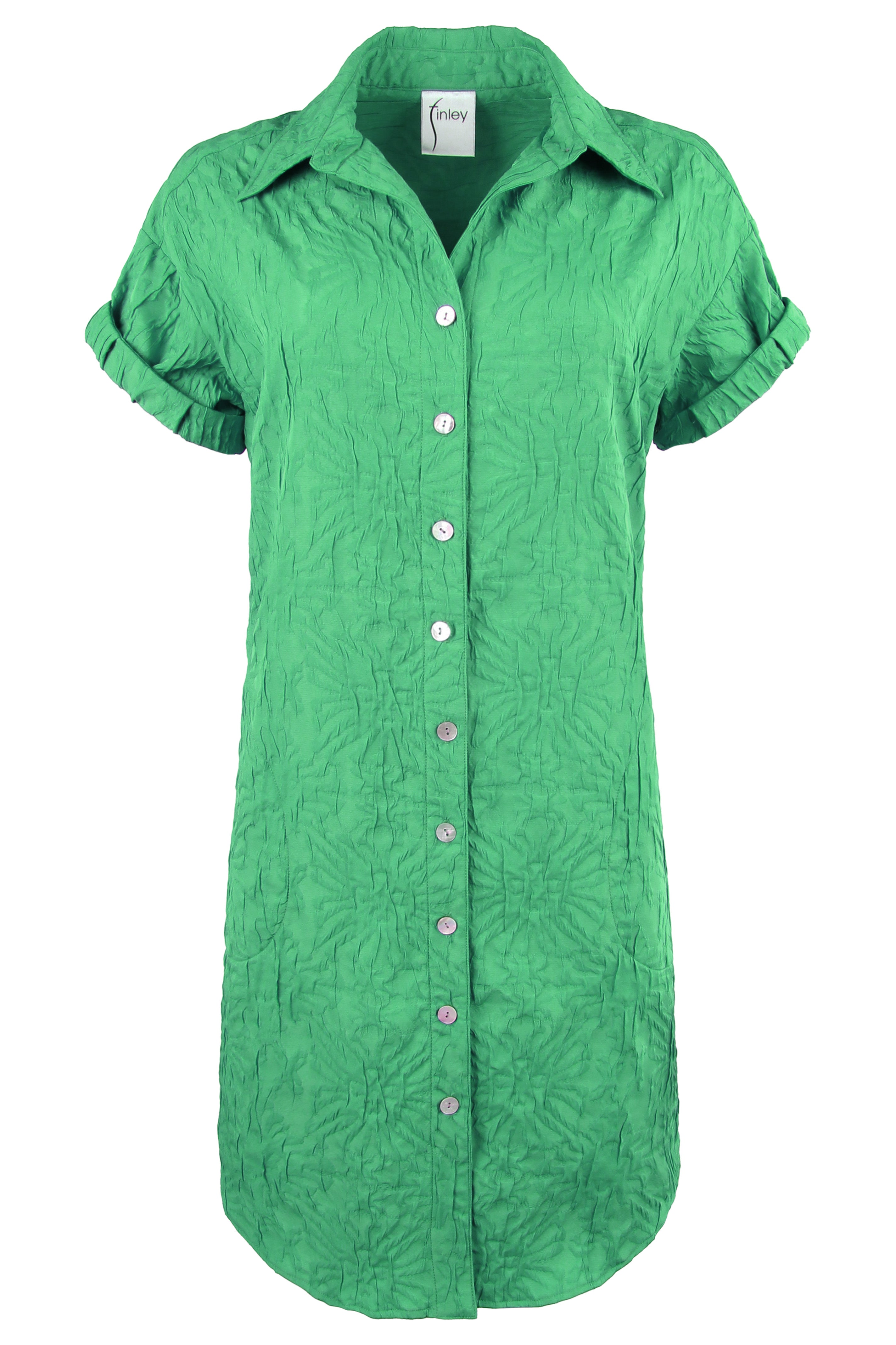 Roll Sleeve Camp Shirt Dress in Green Textured Jacquard