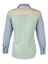 The Finley Topanga blouse, a colorblocked seersucker button-down womens blouse with spread collar and long sleeves.