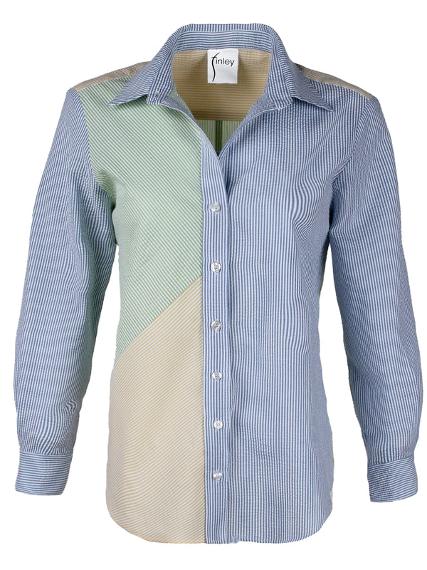 The Finley Topanga blouse, a colorblocked seersucker button-down womens blouse with spread collar and long sleeves.