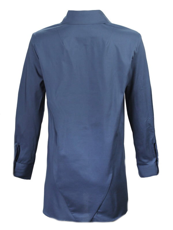 A back view of the Finley trapeze top, a black long-sleeve button-down blouse with a relaxed fit and an A-line shape.