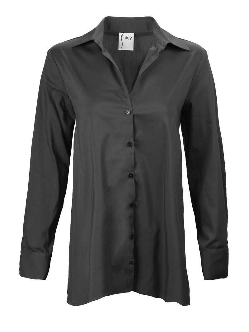 A front view of the Finley trapeze top, a black long-sleeve button-down blouse with a relaxed fit and an A-line shape.