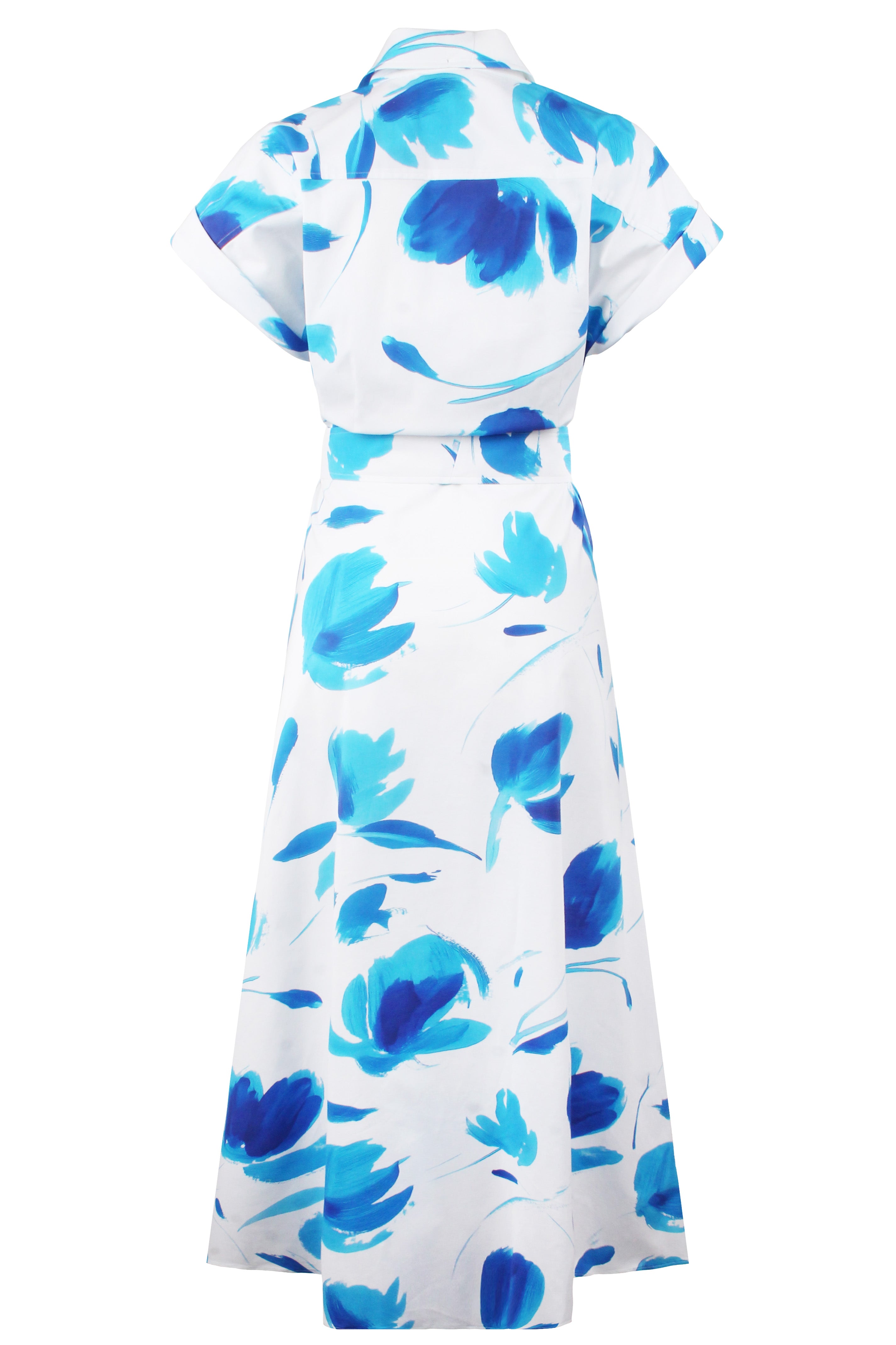 White dress with blue floral pattern on a white background