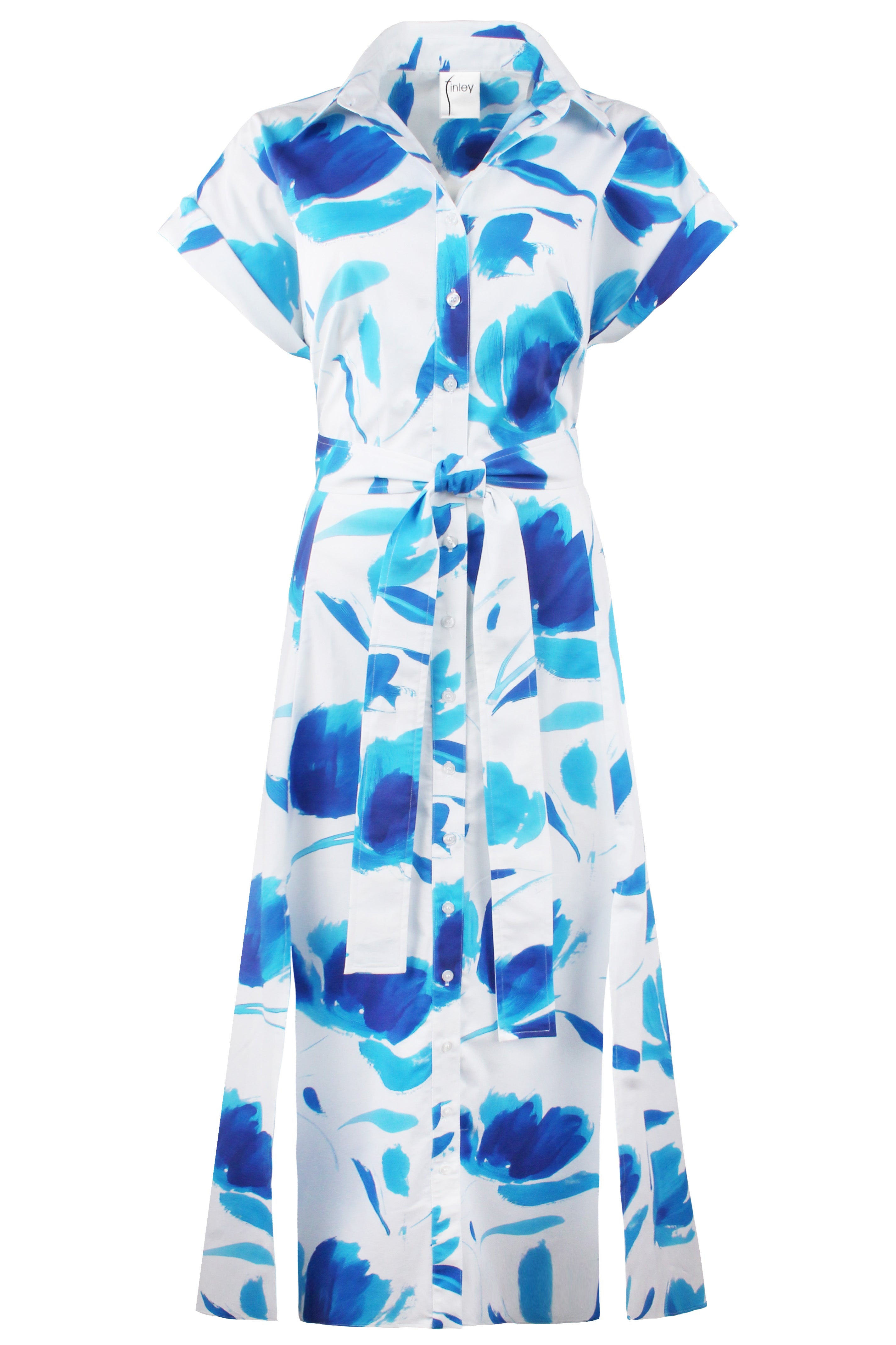 White dress with blue floral pattern on a white background