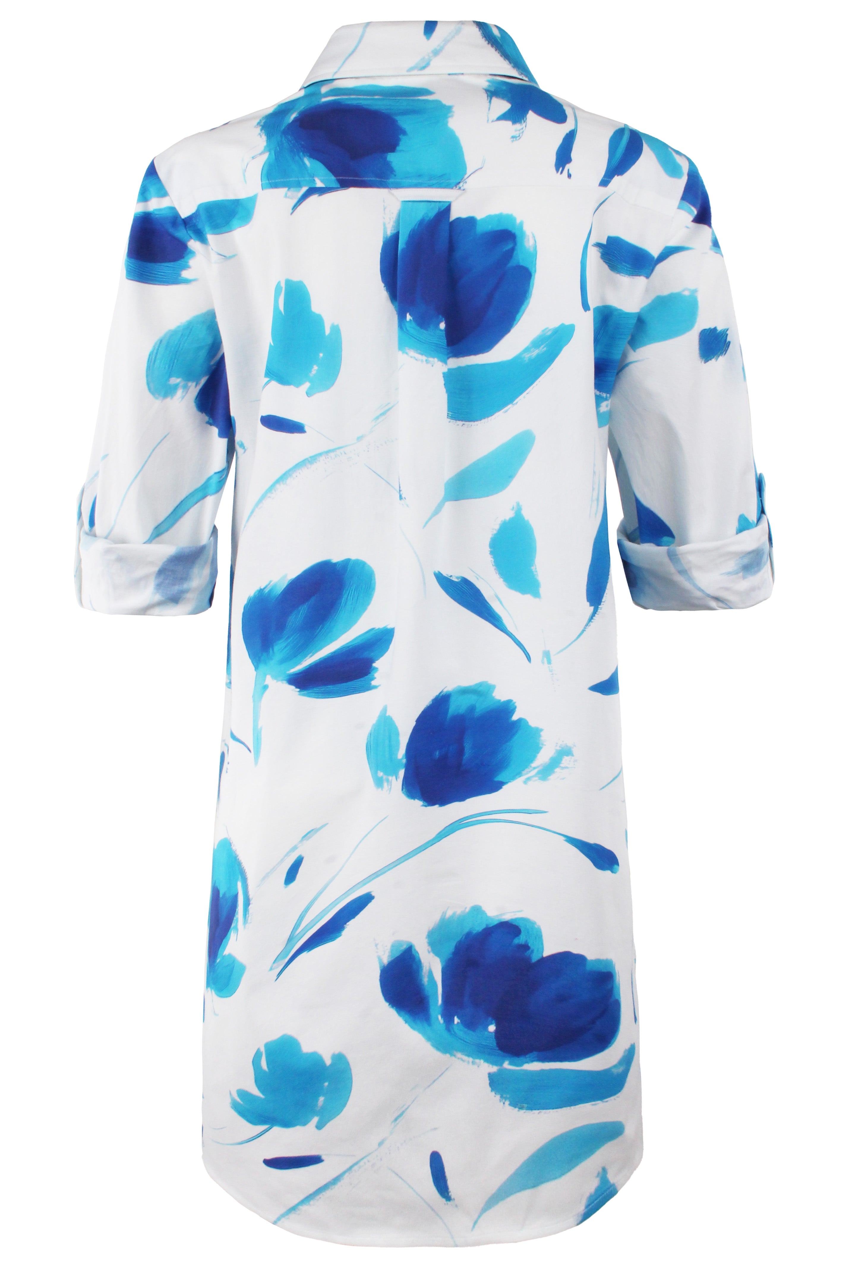 White dress with blue floral pattern on a white background