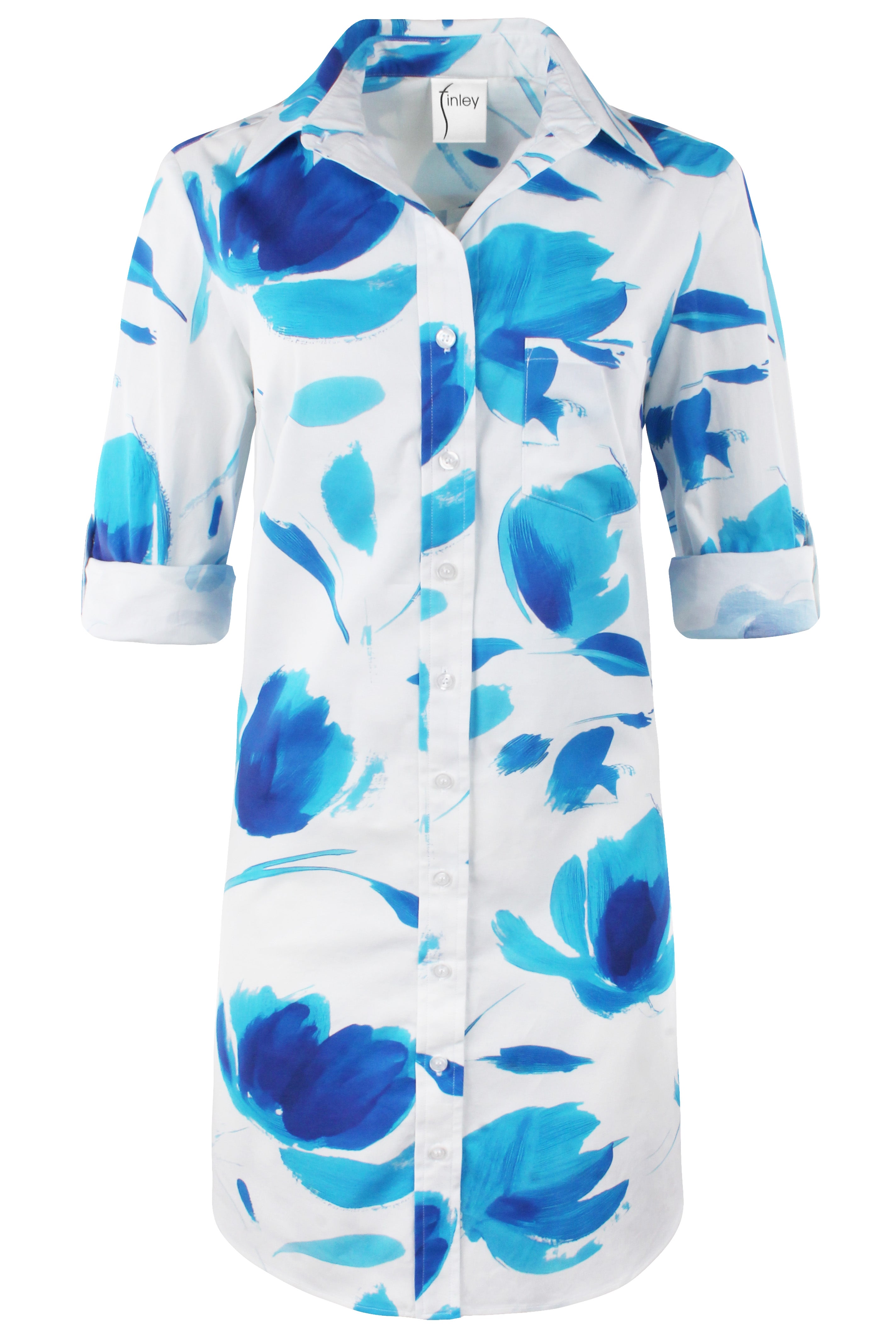 Blue floral patterned shirt on a white background