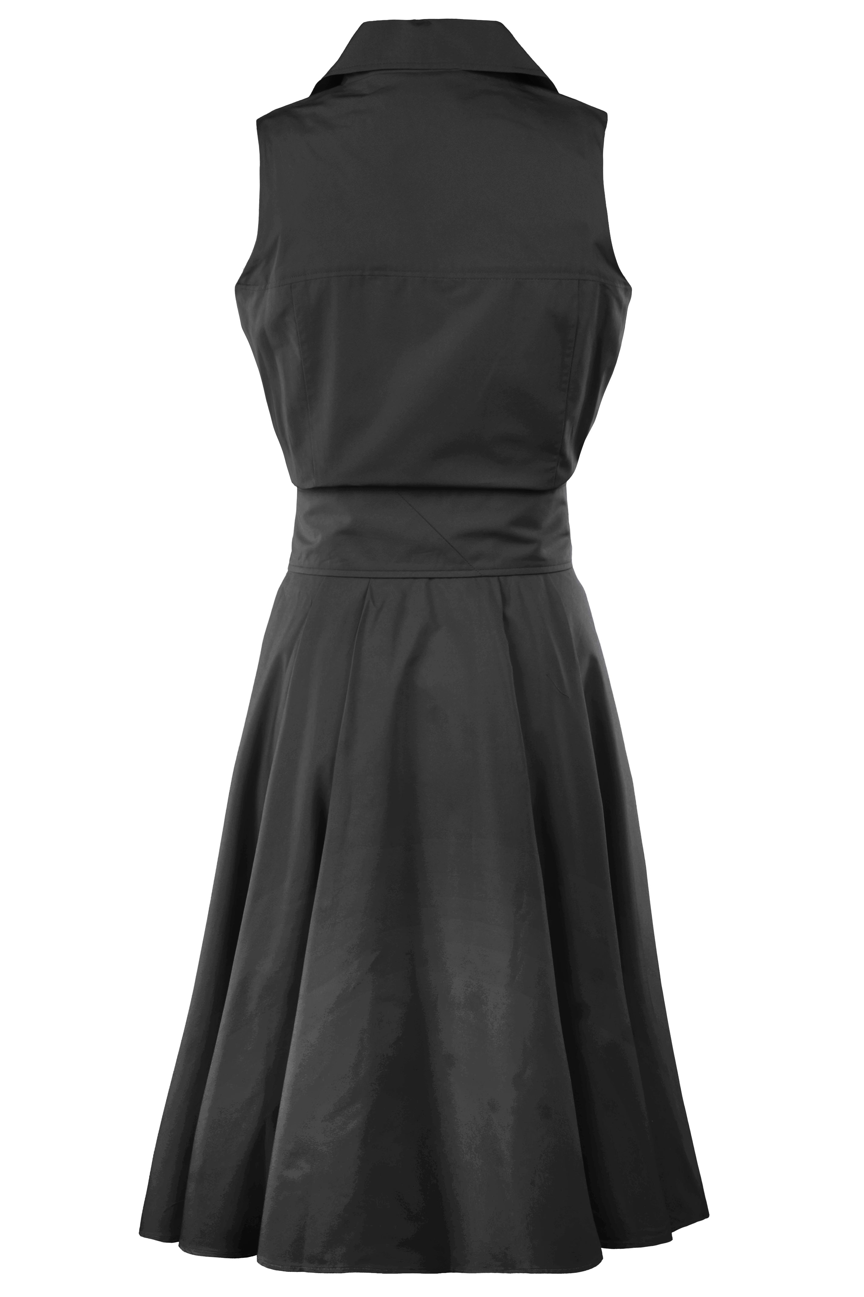 Rear view of finley light-colored sleeveless tie front dress in black typewriter cloth