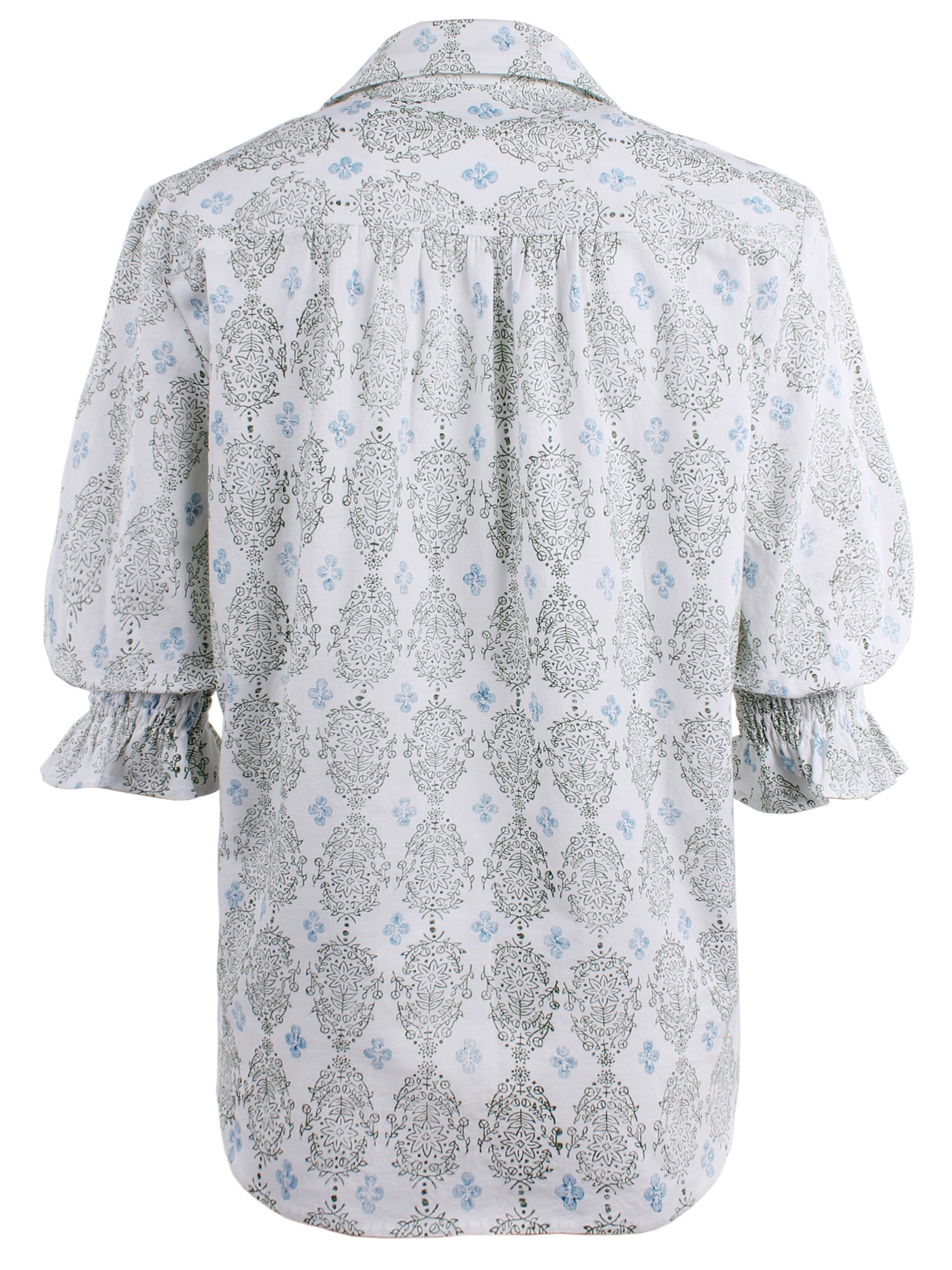 MENDED Sirena Short Puff Sleeve Blouse, Blue/Green Vara Dogwood Print