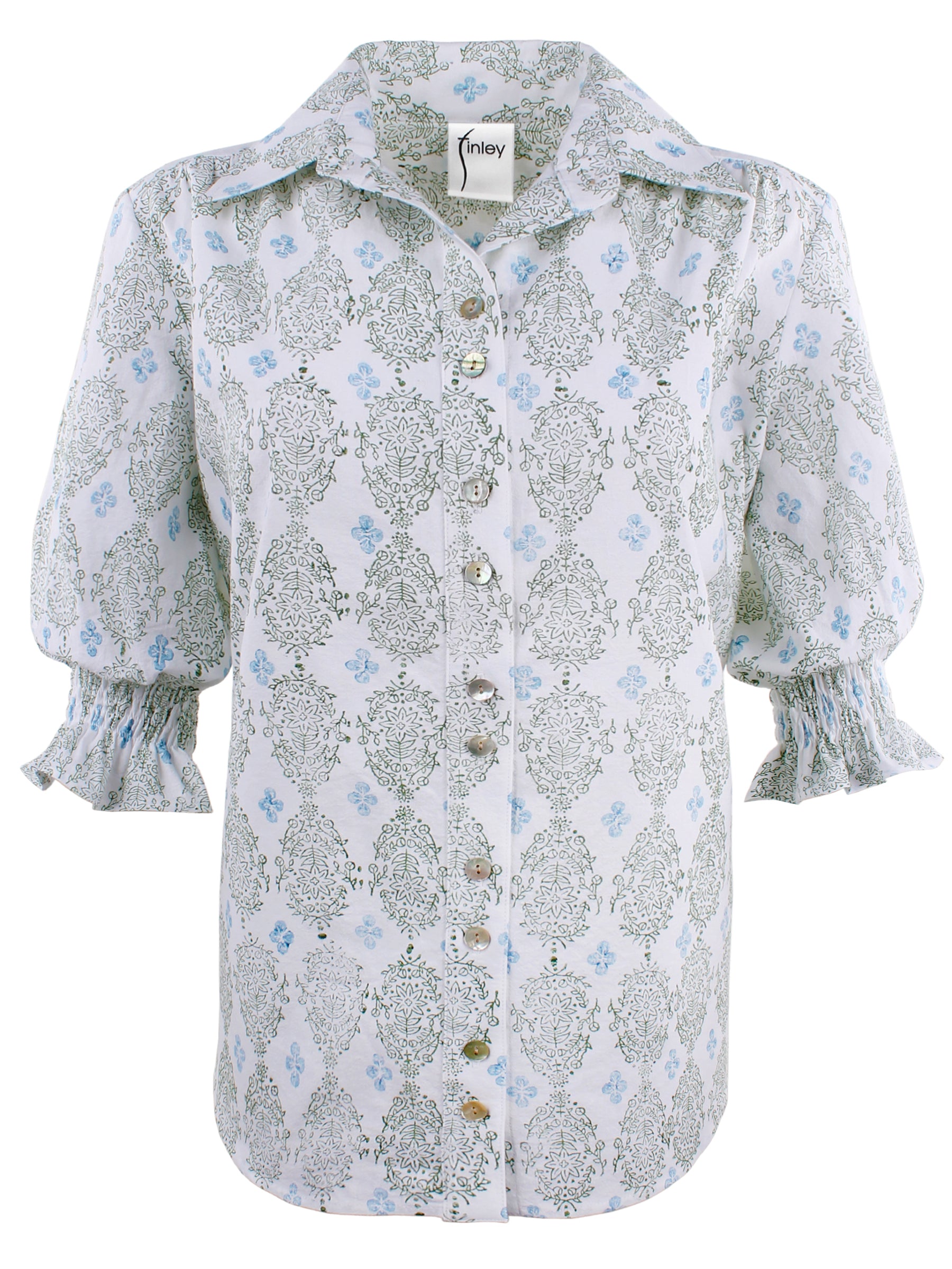 MENDED Sirena Short Puff Sleeve Blouse, Blue/Green Vara Dogwood Print