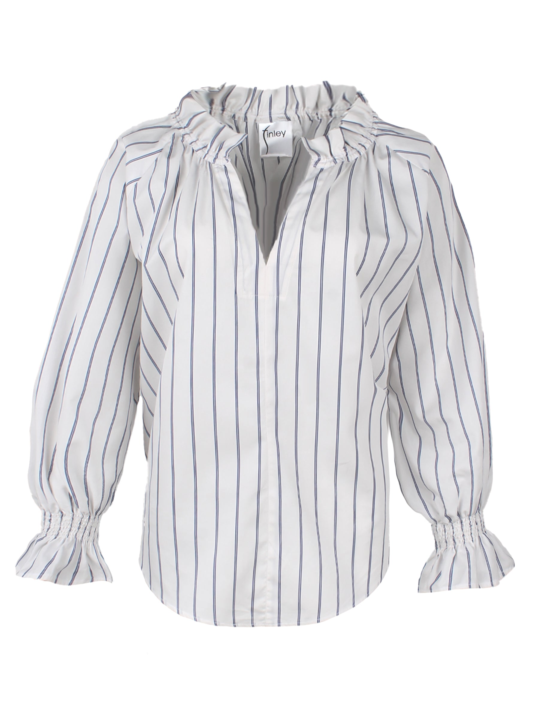 A front view of the Finley Candace blouse, a v-neck ruffled poplin shirt with blue pinstripes.
