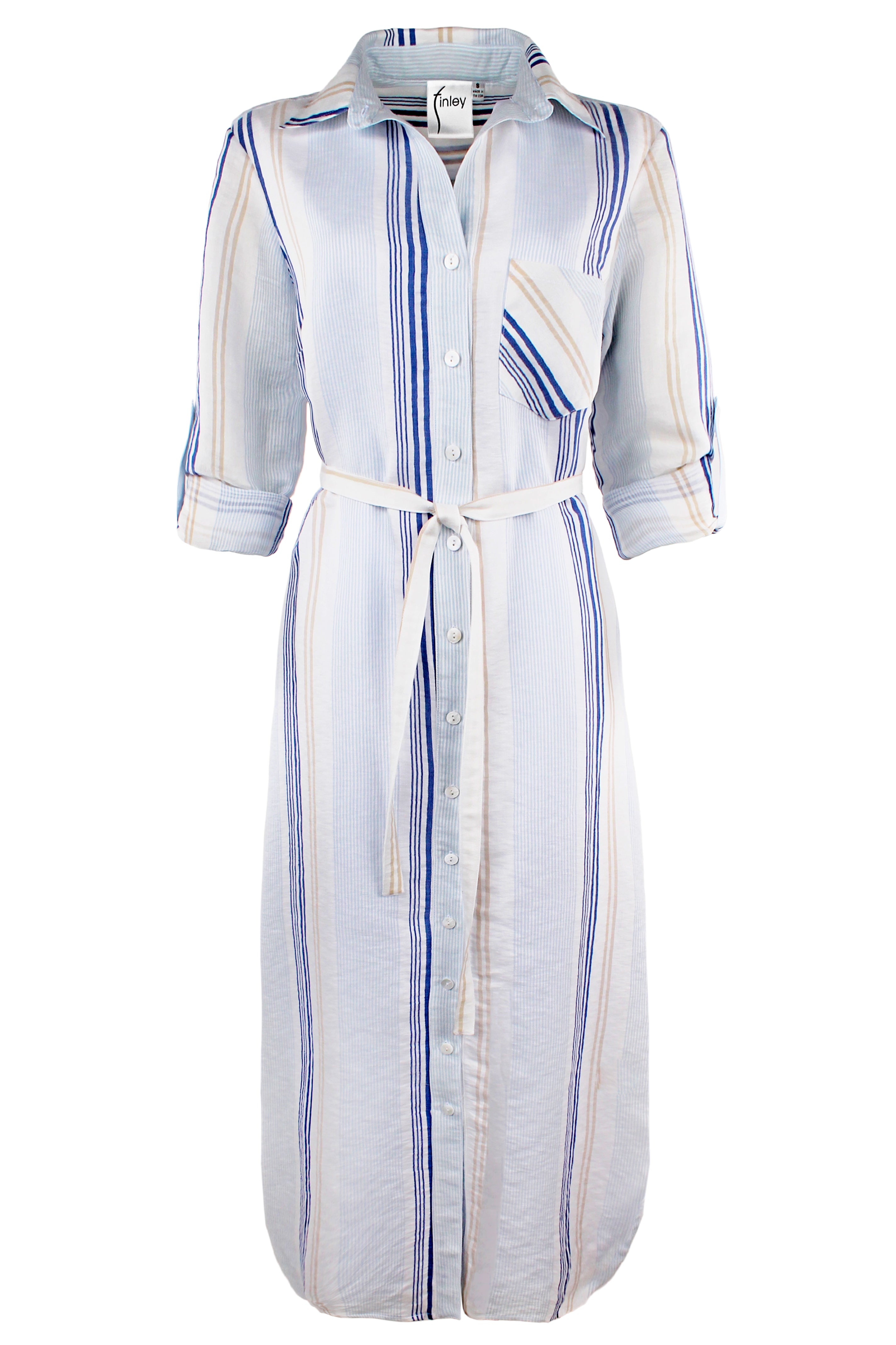 A front view of the Alex maxi dress in blue voile stripe, with a spread collar and flattering tie waist.
