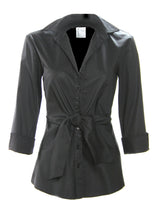 A front view of the Finley Walter blouse, a black 3/4 sleeve cotton button-down shirt with a tie-front waist and a tailored fit.
