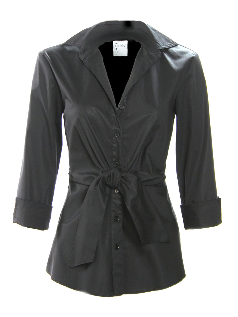 A front view of the Finley Walter blouse, a black 3/4 sleeve cotton button-down shirt with a tie-front waist and a tailored fit.